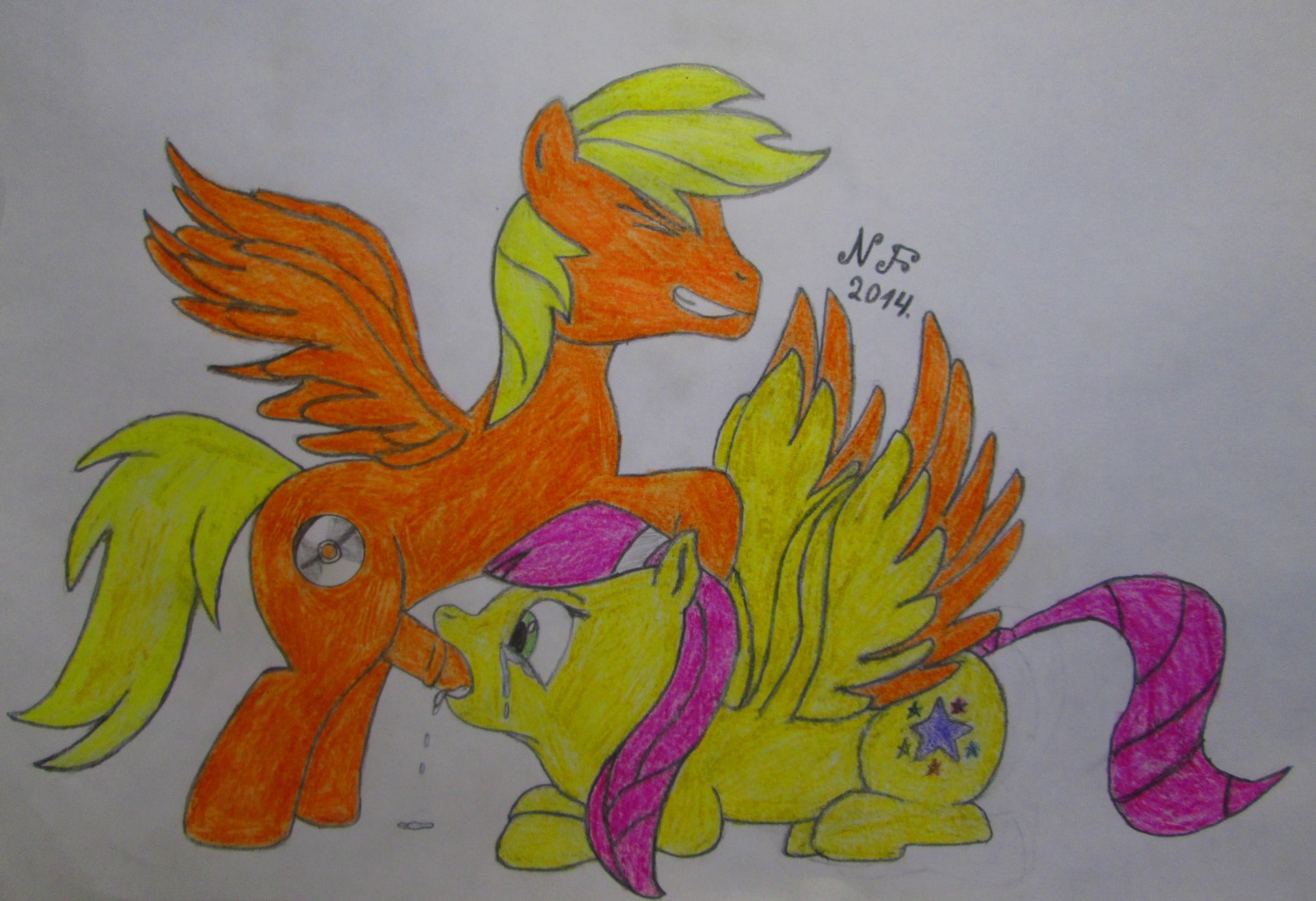 2014 absurd_res blonde_hair bodily_fluids crying cutie_mark duo e621 equid equine erection eyes_closed fan_character feathered_wings feathers fellatio feral fur genitals hair hasbro hi_res horn male mammal my_little_pony mythological_creature mythological_equine mythology nahalnyifrukt oral oral_penetration orange_body orange_fur pegasus penetration penile penis pink_hair sex tears unicorn wings yellow_body yellow_fur