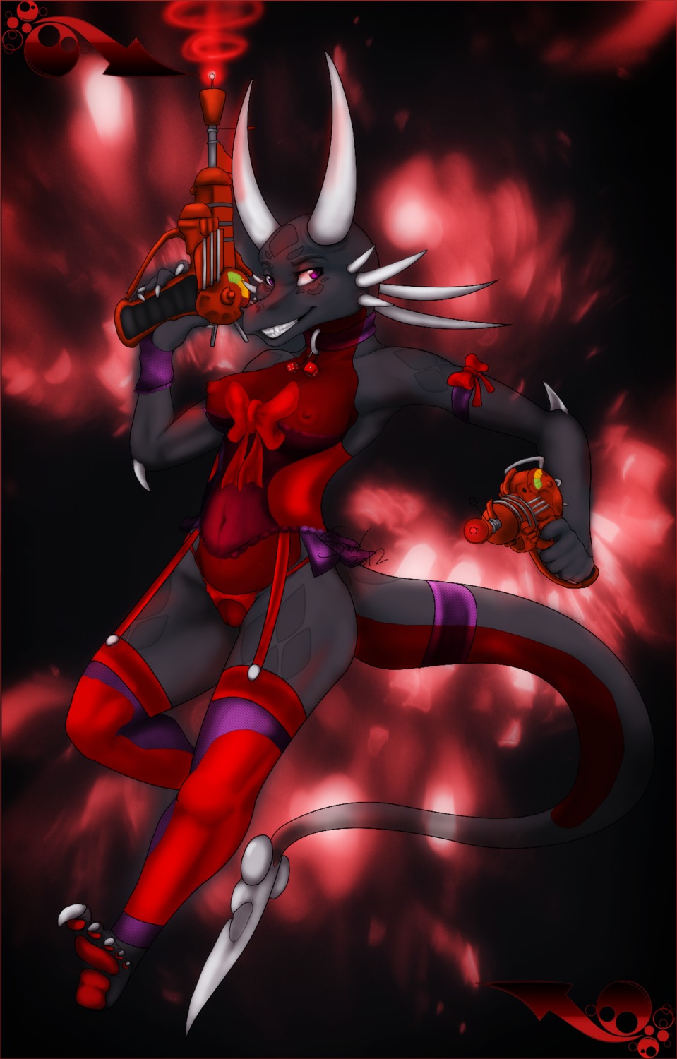 abstract_background anthro anthro_only bow breasts call_of_duty call_of_duty_zombies corrupted_cynder corset cynder cynder-the-dragon dragon eyes_open female female_only garters glove gun markings no_humans panties purple_eyes pussy ranged_weapon ray_gun rule34 savage_(doktor-savage) scalie smile solo spikes spyro_the_dragon stockings tail underwear weapon