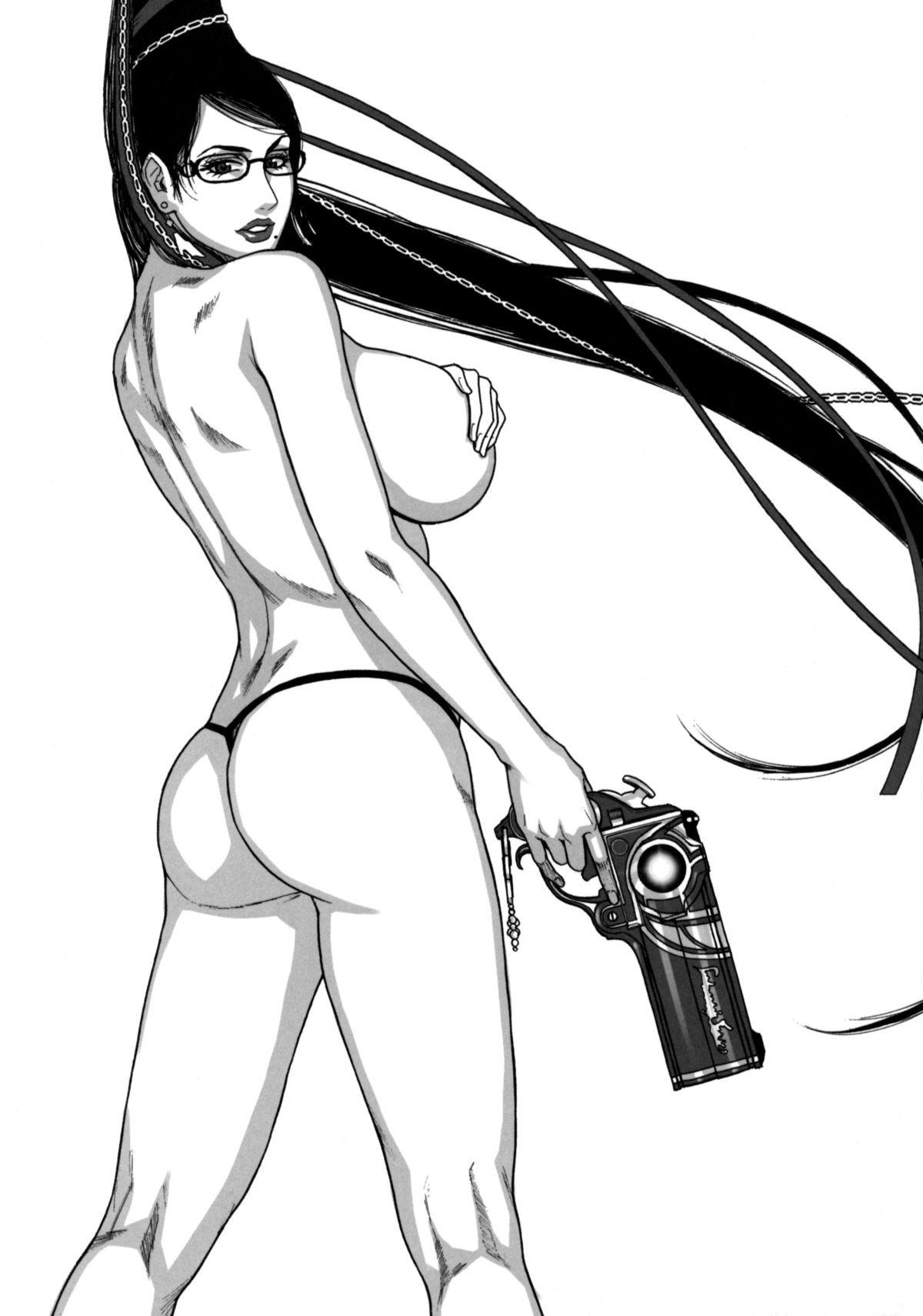 1girls ass bayonetta bayonetta_(character) beauty_mark breasts female gun handgun high_resolution kazuki_kotobuki large_breasts monochrome no_bra panties rule34 sega thong topless voluptuous weapon witch