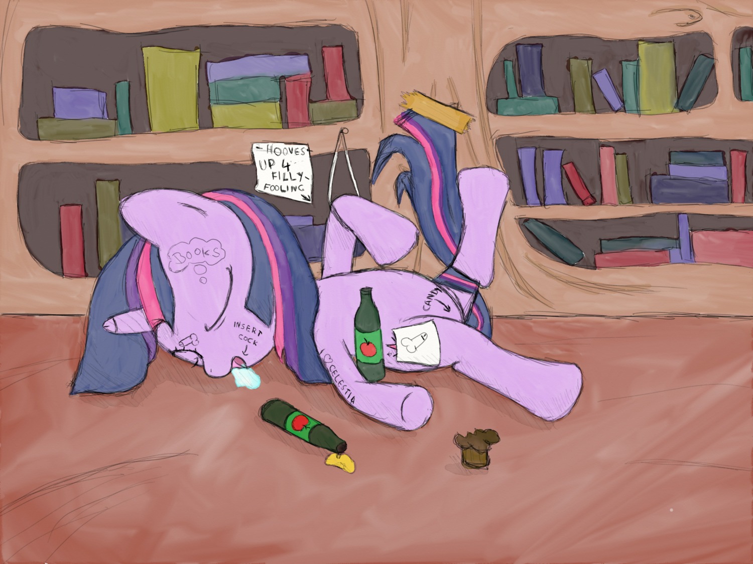 4:3 after_party alcohol beverage bodily_fluids body_art body_writing book bookshelf dennyhooves directional_arrow disembodied_penis drawing_(object) drooling e621 english_text equid equine eyes_closed female feral food friendship_is_magic fur furniture genitals hair hasbro hi_res horn humor joke knockout lying male mammal muffin multicolored_hair my_little_pony mythological_creature mythological_equine mythology note penis post-it_note prank purple_body purple_fur purple_hair saliva sleeping solo suspension tail text thought_bubble twilight_sparkle_(mlp) two_tone_hair unconscious unicorn writing_on_face