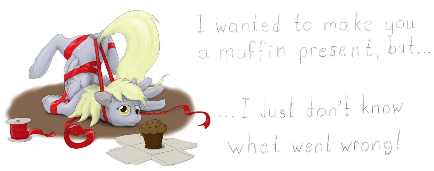 absurd_res anus blonde_hair bound cutie_mark derpy_hooves_(mlp) e621 english_text equid equine feathered_wings feathers female feral food friendship_is_magic fur grey_body grey_feathers grey_fur hair hasbro hi_res mammal muffin my_little_pony mythological_creature mythological_equine mythology pegasus sean_mirrsen solo text wings yellow_eyes