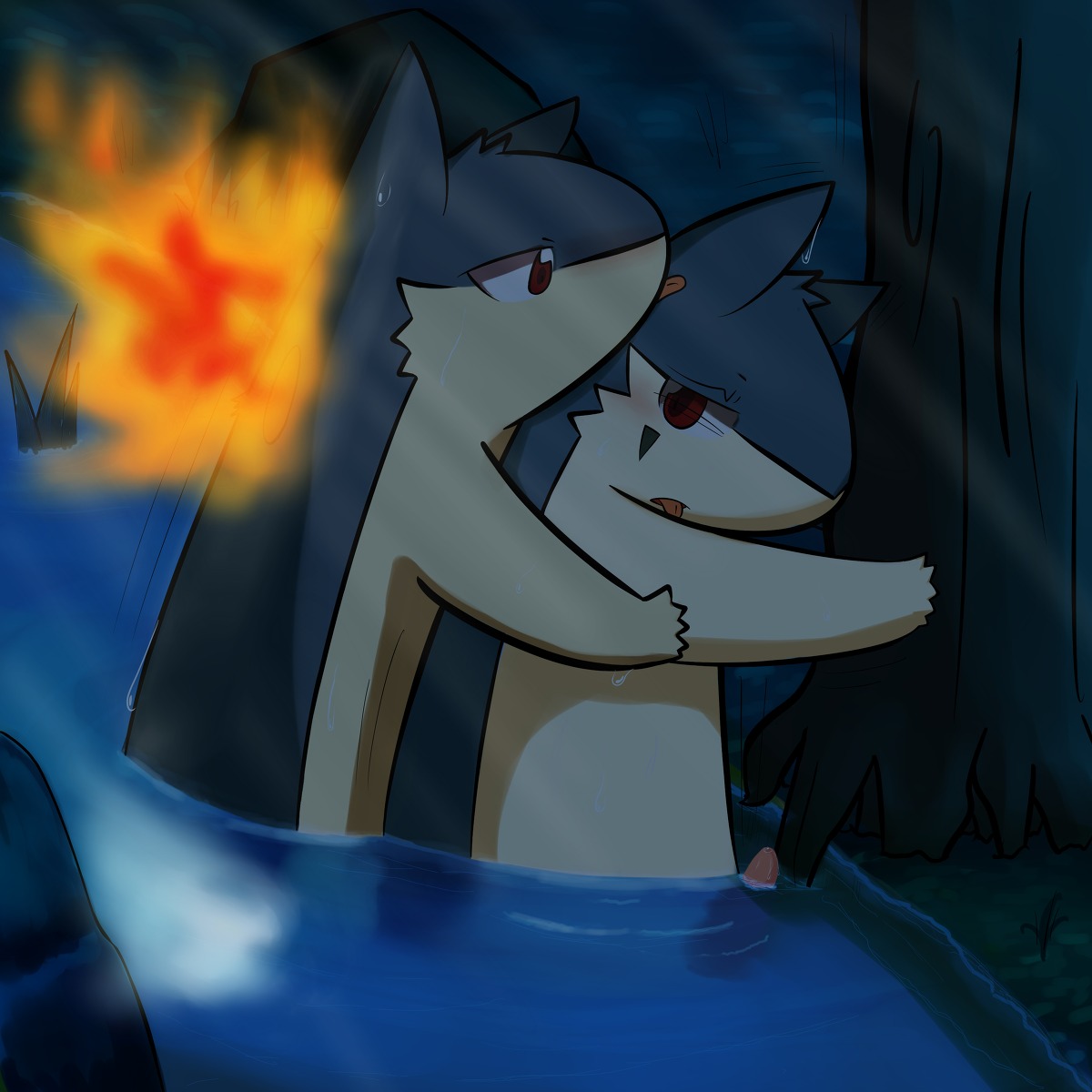 1:1 bodily_fluids detailed_background duo e621 erection feral feral_on_feral fire generation_2_pokemon genitals grass hi_res male male/male nature night nintendo outside penis pikasoda plant pokemon pokemon_(species) quilava rock sex sweat tree water