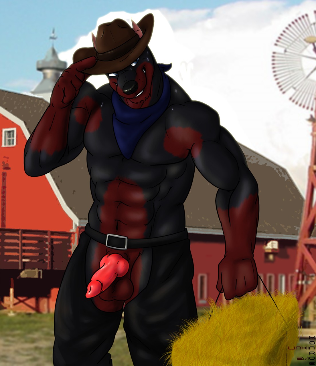 2011 abs animal_genitalia animal_penis anthro balls barn belt biceps big_muscles biped black_body black_fur blue_eyes bodily_fluids bottomwear brown_clothing brown_cowboy_hat brown_hat brown_headwear canid canine canine_genitalia canine_penis canis chaps clothed clothing cowboy cowboy_hat domestic_dog e621 erection farm fur genitals hat hay hay_bale headgear headwear hi_res kerchief knot leather linkin linkin_monroe male mammal mostly_nude muscular muscular_anthro muscular_male neckerchief neckwear pants pecs penis pose red_body red_fur scarf sheath solo standing sweat topless vein western wild_west