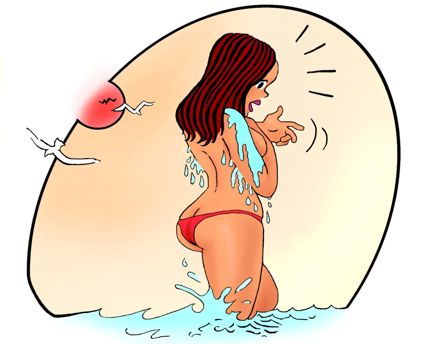 1girls accidental_exposure alugok ass ass_cleavage ass_crack back beach bikini_bottom breasts butt_crack covering_breasts female latina long_hair monica's_gang rule34 teenager tina_(tdm) turma_da_monica two-tone_hair water