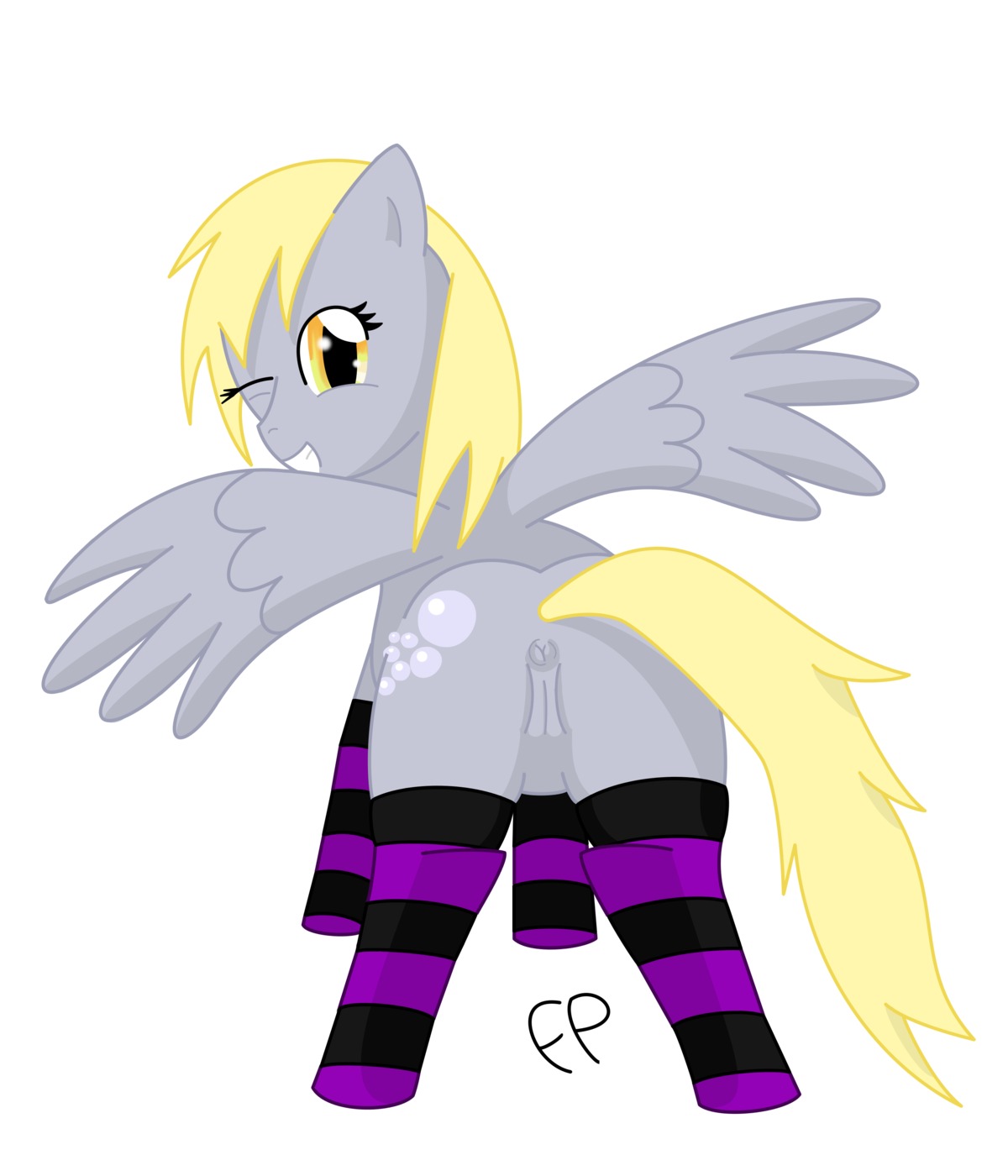 absurd_res anus clothing derpy_hooves_(mlp) e621 equid equine feathered_wings feathers female feral filthy_perfection friendship_is_magic genitals grey_body grey_feathers hair hasbro hi_res legwear mammal my_little_pony mythological_creature mythological_equine mythology pegasus quadruped solo stockings tail vulva wings