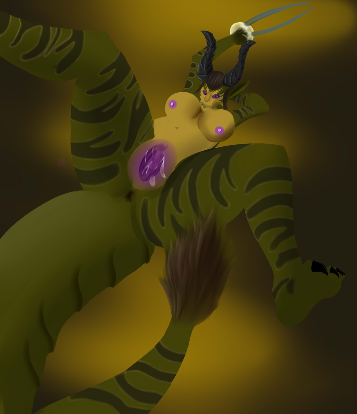 absurd_res anthro anus bodily_fluids breasts claws e621 female genital_fluids genitals hi_res lizard navel nipples non-mammal_breasts non-mammal_nipples purple_eyes reptile scalie skyeder0 solo tail vaginal_fluids vulva weapon