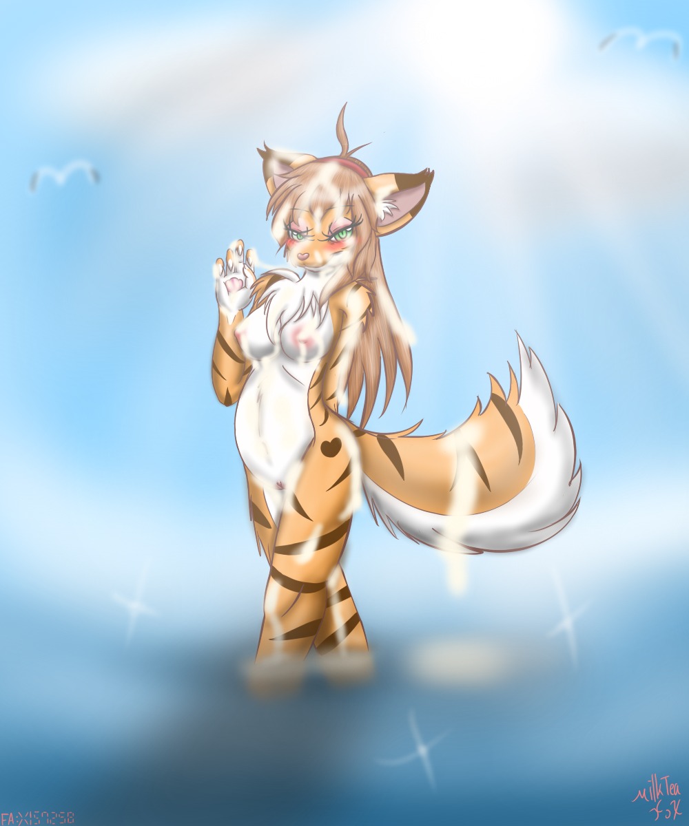 2014 5:6 anthro blush bodily_fluids breasts cum e621 female genital_fluids genitals hi_res looking_at_viewer milkteafox nipples solo vulva