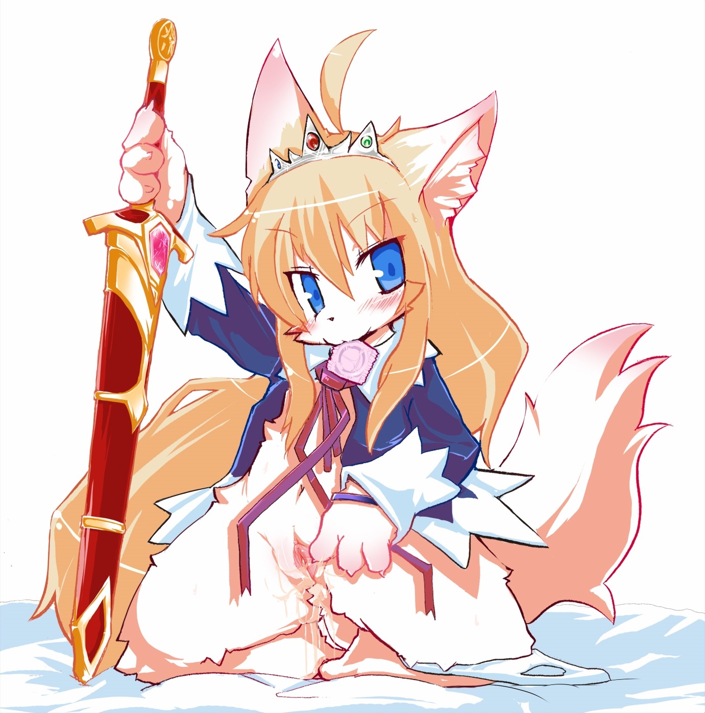 anthro biped blonde_hair blue_clothing blue_eyes blush blush_lines bodily_fluids bottomless canid canine canis claws clothed clothing clothing_around_one_leg condom condom_in_mouth crown domestic_dog dripping dripping_vulva e621 eyebrow_through_hair eyebrows female fluffy fluffy_ears fluffy_legs fluffy_tail fur gem genital_fluids genitals hair half-spread_vulva head_tuft headgear hi_res kneeling loli long_hair looking_at_viewer mammal melee_weapon mouth_hold navel nyankone object_in_mouth offering_condom panties panties_around_one_leg panties_down partially_clothed pointy_ears prick_ears princess princess_from_some_country_(wkar) red_ribbon royalty sexual_barrier_device simple_background snout solo spread_legs spread_vulva spreading sword tail translucent translucent_hair tuft underwear underwear_around_one_leg underwear_down unused_condom vaginal_fluids vulva weapon white_body white_clothing white_fur white_panties white_underwear wrapped_condom young young_anthro young_female
