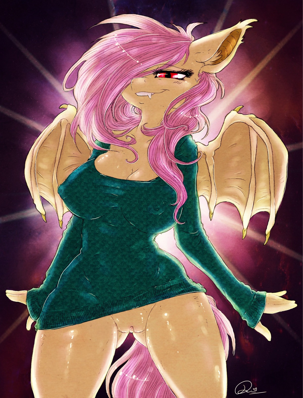 2014 abstract_background absurd_res anthro anthrofied bat_pony bat_wings big_breasts bottomless breasts cleavage clothed clothing curvy_figure dimwitdog e621 equid eyelashes fangs female flutterbat_(mlp) fluttershy_(mlp) friendship_is_magic fur genitals hair hair_over_eye happy hasbro hi_res hybrid long_hair mammal membrane_(anatomy) membranous_wings my_little_pony mythological_creature mythology narrowed_eyes nipple_outline one_eye_obstructed pink_hair purple_background red_eyes sharp_teeth simple_background smile solo squint sweater teeth thick_thighs topwear voluptuous vulva wide_hipped_female wide_hips wings yellow_body yellow_fur