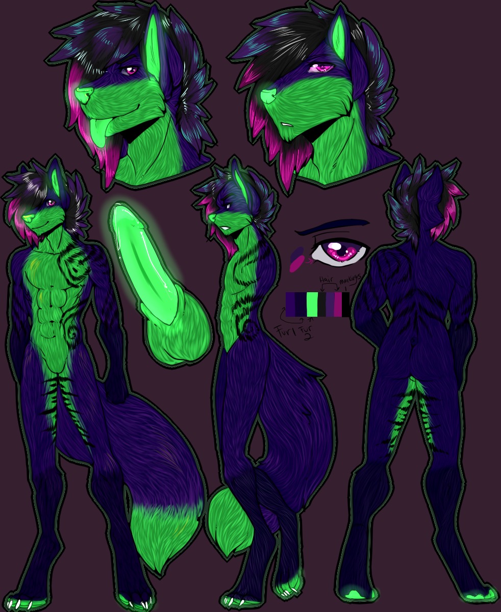 2013 anthro black_hair canid canine color_swatch e621 erection fluffy fluffy_tail fox front_view fur genitals glowing glowing_genitalia glowing_penis green_penis hair hi_res humanoid_genitalia humanoid_penis irikuchi male mammal model_sheet multicolored_hair nude penis pink_hair purple_body purple_eyes purple_fur purple_hair side_view solo tail tattoo tomocreations two_tone_hair