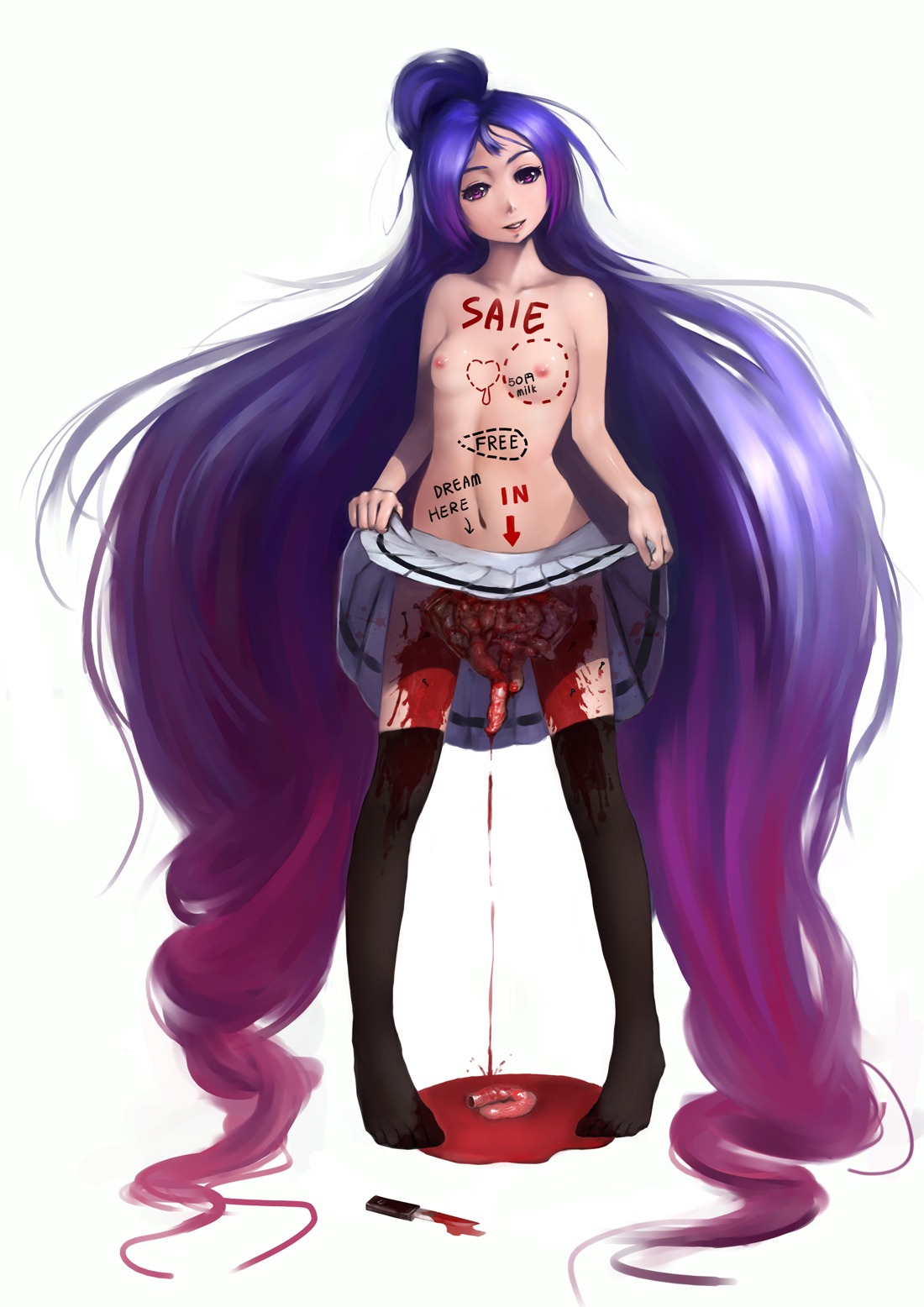 blood blue_hair body_writing breasts female gore guro highres knife nipples pink_hair rule34 thighhighs transparent_background vinci_(artist)