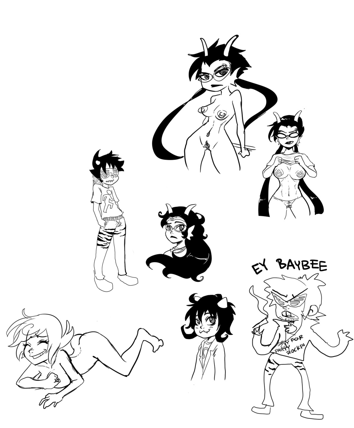 2boys 4girls black_hair black_lips breasts clitoris clitoris_piercing closed_eyes clothing dialogue dirk_strider eyebrow_piercing facial_hair fangs feferi_peixes female fins goggles homestuck horns karkat_vantas licking_lips long_hair male meenah_peixes monochrome ms_paint_adventures multiple_females multiple_girls naked navel_piercing necklace nepeta_leijon nipple_piercing nipples piercing pussy queen-of-spew queen_of_spew roxy_lalonde rule34 shirt_lift short_hair smile source_request sunglasses text troll uncensored weapon weed white_background white_hair white_skin