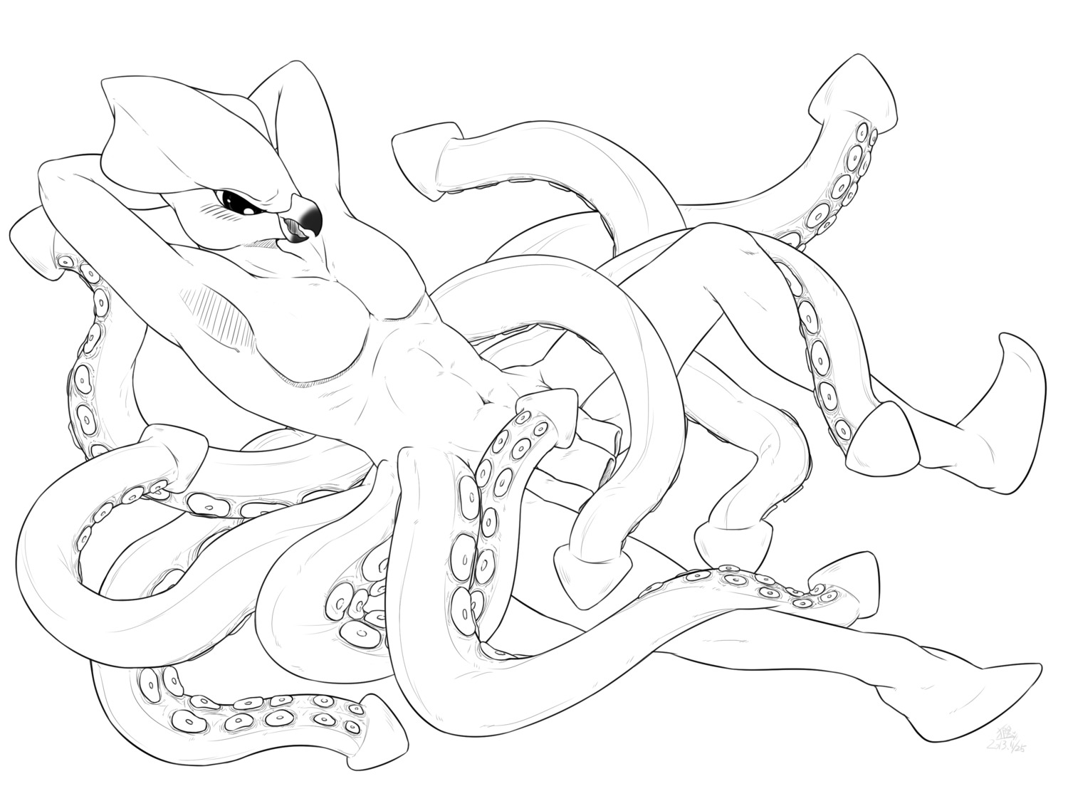 4:3 anthro aquatic beak blush cephalopod coleoid decapodiform e621 genitals hi_res hyde_(character) hyponome ingi kraken male mantle_(mollusk) mollusk monochrome multi_genitalia multi_hyponome multi_penis open_beak open_mouth open_smile penis penis_tentacles smile solo tentacles