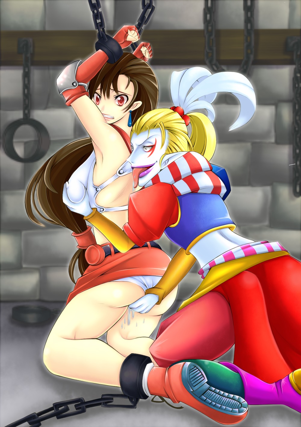 arms_above_head arms_up ass blonde_hair bondage bound_ankles bound_wrists breast_grab breasts brown_hair dissidia drool earrings erect_nipples female femsub final_fantasy final_fantasy_vi final_fantasy_vii fingering footwear hair human kefka_palazzo long_hair male maledom nipples panties pussy pussy_juice red_eyes rule34 shoes skirt_lift smooth_skin straight tifa_lockhart tongue tongue_out