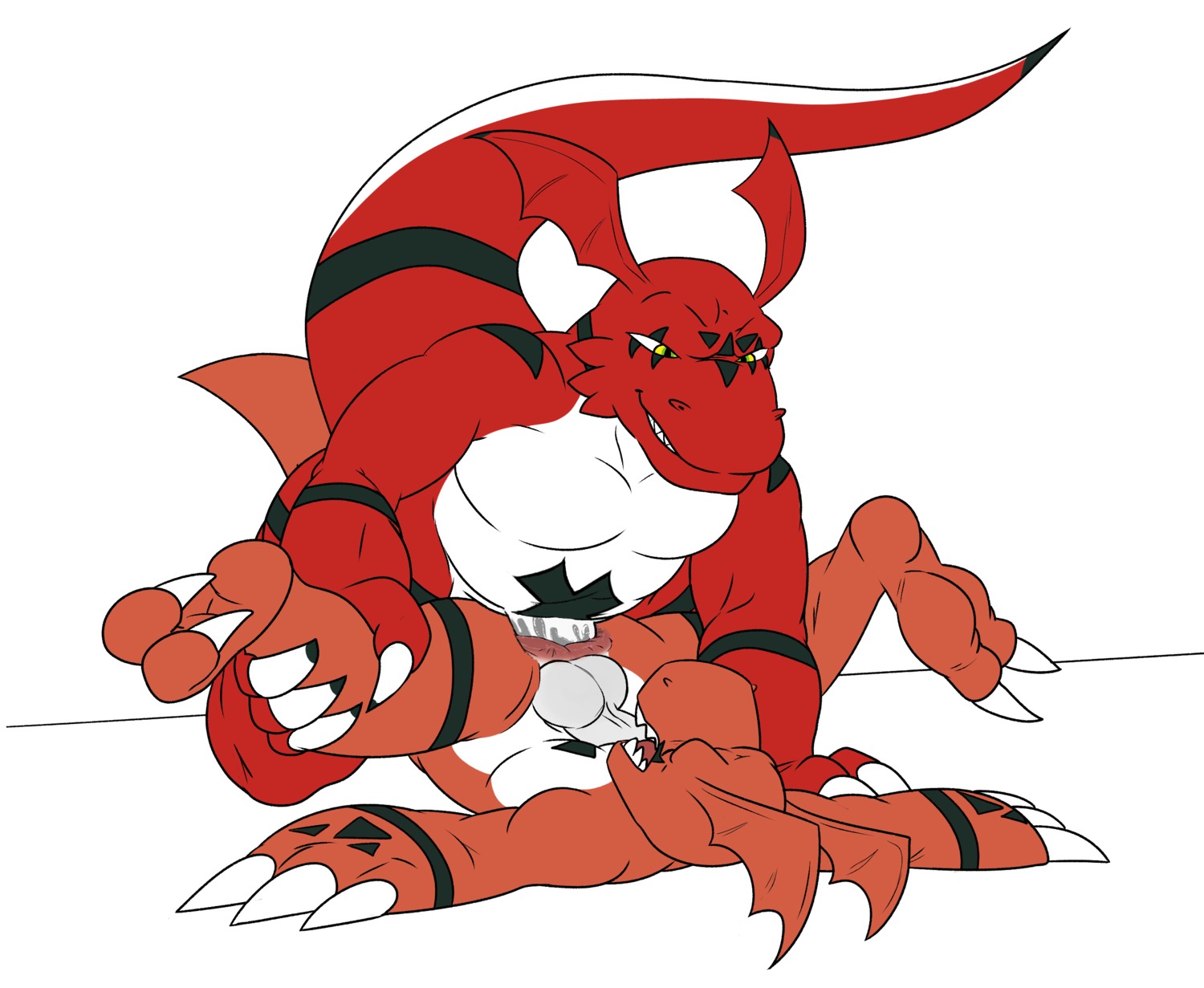 2013 2_toes anal anal_penetration anthro anvil_position balls bandai_namco big_balls big_penis claws digimon digimon_(species) duo e621 erection fan_character feet from_front_position genitals guilmon hi_res inverted_zero_unit jerseydevil king_felix leg_grab legs_up lying male male/male male_penetrated male_penetrating male_penetrating_male markings missionary_position nude on_back penetration penis scalie sex simple_background spread_legs spreading symbol toes victory_position white_background yellow_eyes zero_unit