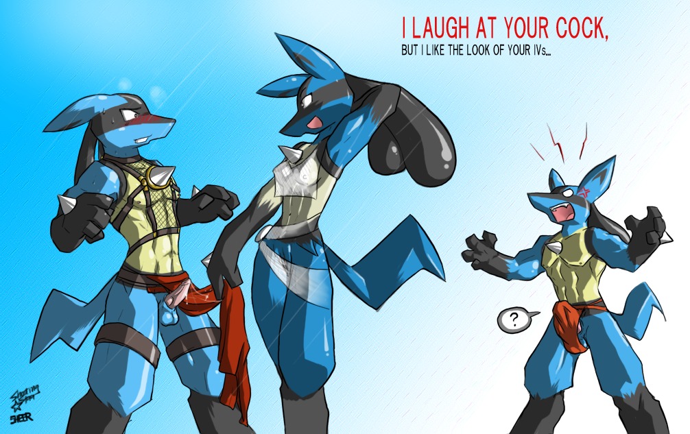 4_fingers abs angry anthro anthrofied arms_out assisted_exposure balls biceps biped black_body black_eyes black_fur black_text blue_balls blue_body blue_ears blue_fur blue_tail blush bodily_fluids bottomwear bottomwear_aside breast_curtains breasts bulge canid canine chest_spike cloth clothed clothing clothing_aside confusion countershade_torso countershading cross-popping_vein e621 ears_down embarrassed empty_eyes english_text erection erection_under_clothing eye_contact female female_anthro fingers fishnet_clothing flashing fur generation_4_pokemon genital_fluids genitals gloves_(marking) group hand_behind_head hand_spike humiliation humor leg_markings legband loincloth loincloth_aside looking_at_another lucario male male_anthro mammal markings midriff monotone_genitals monotone_penis monotone_tail muscular muscular_male navel nintendo nipples open_mouth pecs penis penis_humiliation penis_size_difference picky pink_penis pink_tongue pivoted_ears pokemon pokemon_(species) pokemorph precum pseudo_clothing question_mark red_text sheer_(artist) simple_background skimpy small_balls small_penis small_penis_humiliation snout socks_(marking) spikes spikes_(anatomy) spread_arms standing sweat tail teeth tenting text thighband tongue topless translucent translucent_clothing vein vulva white_eyes white_spikes yellow_body yellow_countershading yellow_fur