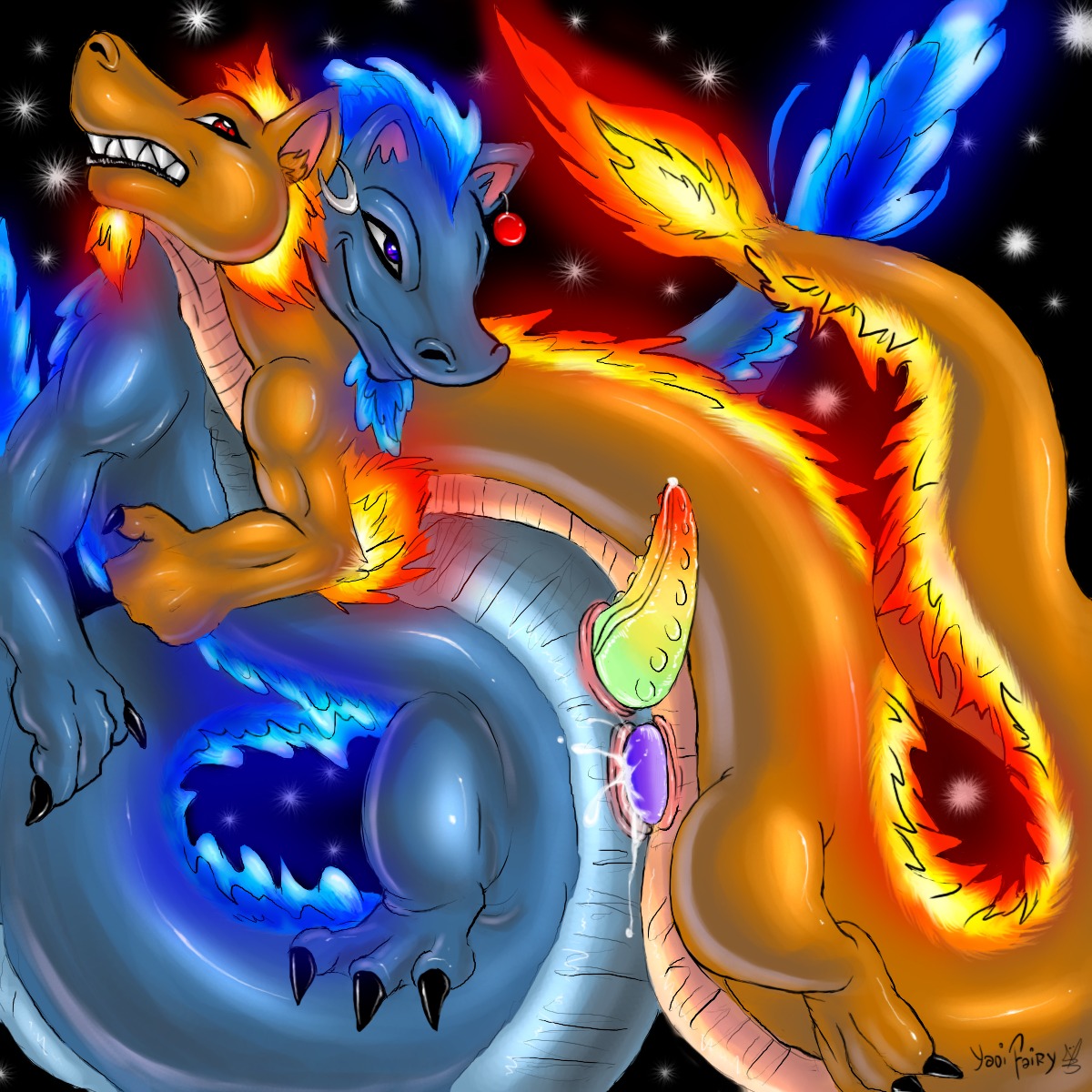 1:1 anal anal_penetration anus asian_mythology blue_body blue_fire bodily_fluids claws colored_fire cum cum_in_ass cum_inside dragon duo e621 ear_piercing east_asian_mythology eastern_dragon erection fangs feral feral_on_feral fire genital_fluids genitals grin hi_res jewelry male male/male male_penetrated male_penetrating male_penetrating_male multicolored_penis mythological_creature mythological_scalie mythology nude orange_body penetration penis piercing precum rainbow_penis red_eyes scalie sex smile star tail teeth yaoifairy