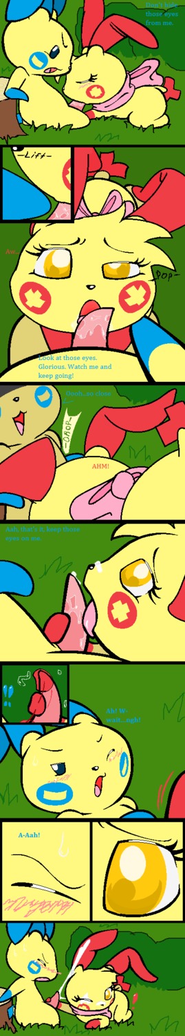 aliasing ambiguous_gender blue_eyes comic digital_media_(artwork) duo e621 english_text erection eye_contact eyes_closed fellatio female generation_3_pokemon genitals handjob hi_res licking long_image looking_at_another male male/female minun nintendo oral oral_penetration penetration penile penis penis_lick plusle pokemon pokemon_(species) roy_mccloud scarf sex tall_image text tongue tongue_out yellow_eyes