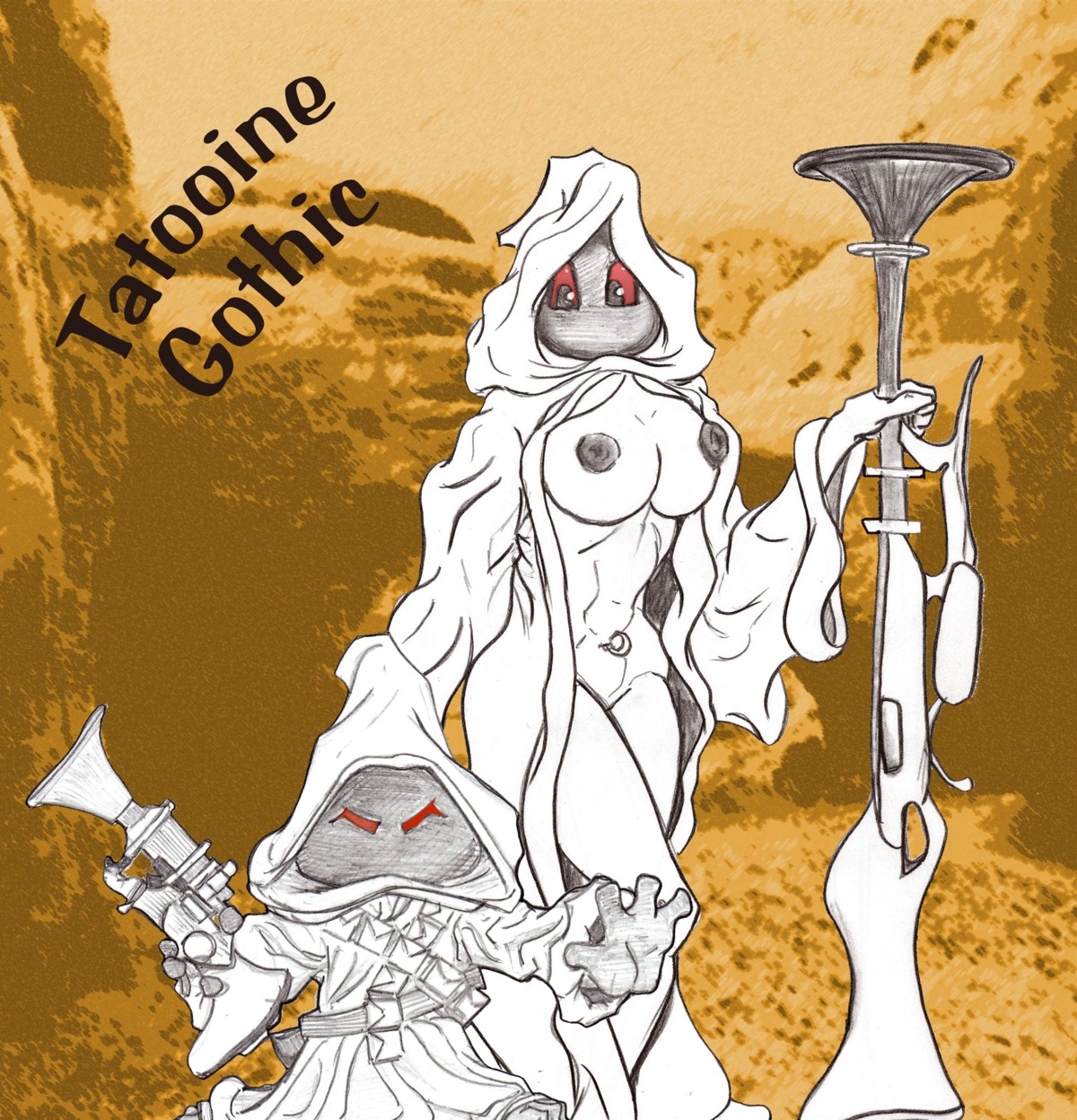 1boy 1girls a_new_hope big_breasts breasts faceless female gun hood jawa male parody piercing red_eyes rule34 rule_63 star_wars tagme tatooine