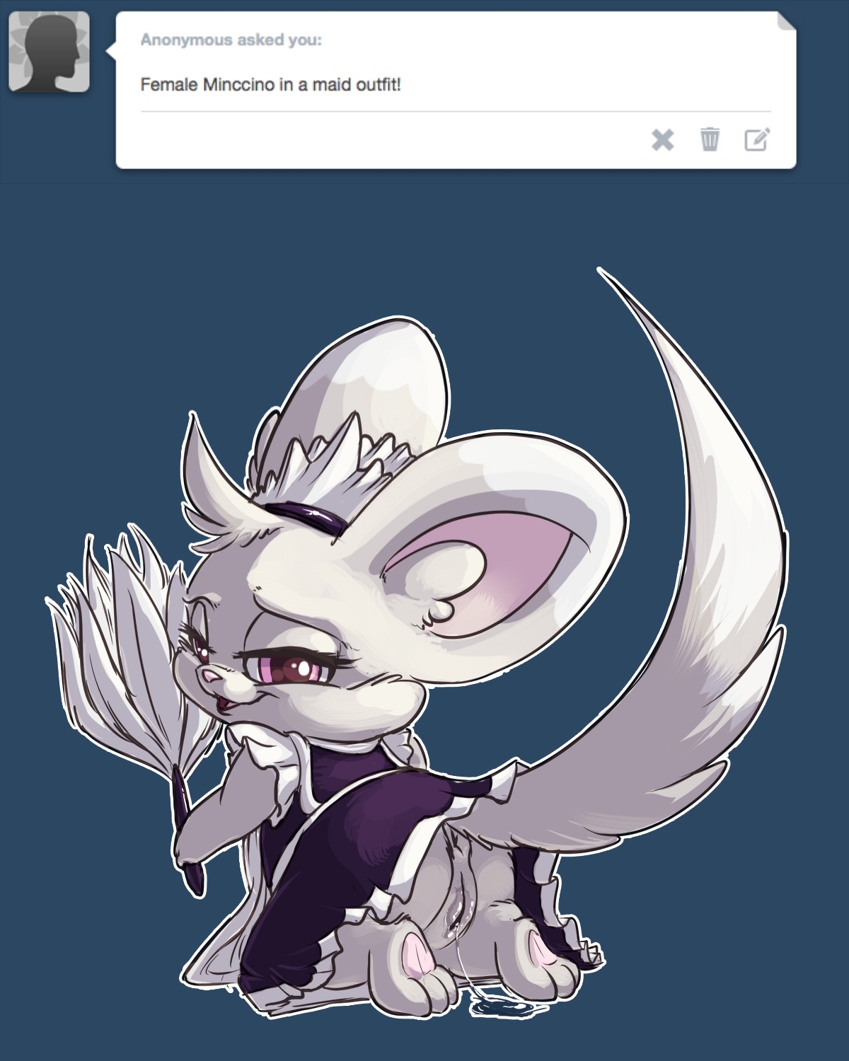 4:5 anthro anus big_ears bodily_fluids carrot_(artist) cleaning_tool clothed clothing digital_media_(artwork) e621 feather_duster female fur generation_5_pokemon genital_fluids genitals grey_body grey_fur hi_res looking_at_viewer looking_back maid_uniform minccino nintendo open_mouth pink_eyes pokemon pokemon_(species) semi-anthro simple_background solo uniform upskirt vaginal_fluids vulva