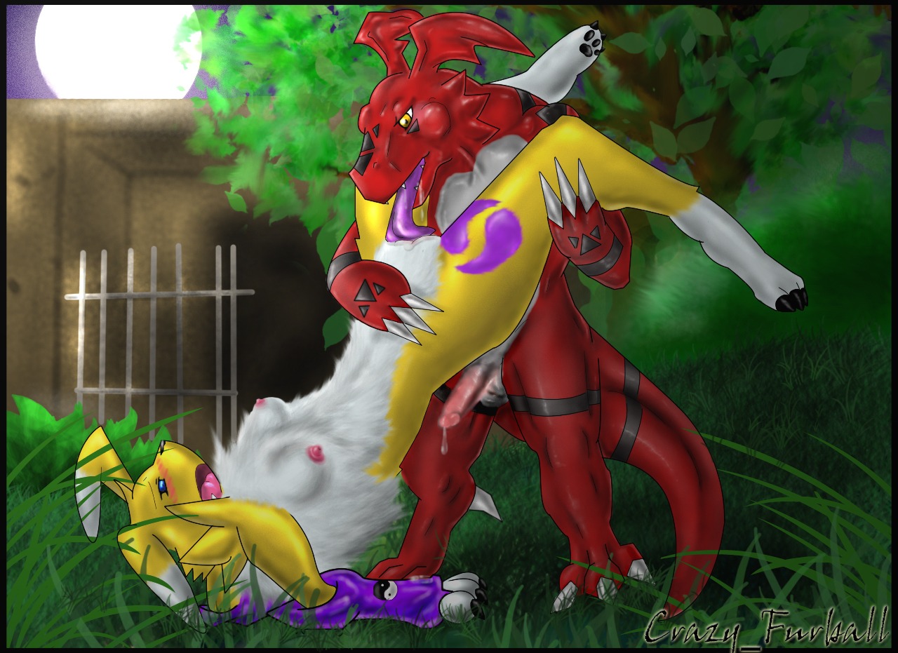 anthro breasts canine color crazy_furball cunnilingus digimon digimon_(species) female fox fur furry guilmon interspecies male monster_boy night nude oral outdoors penis precum renamon reptile rule34 scalie straight