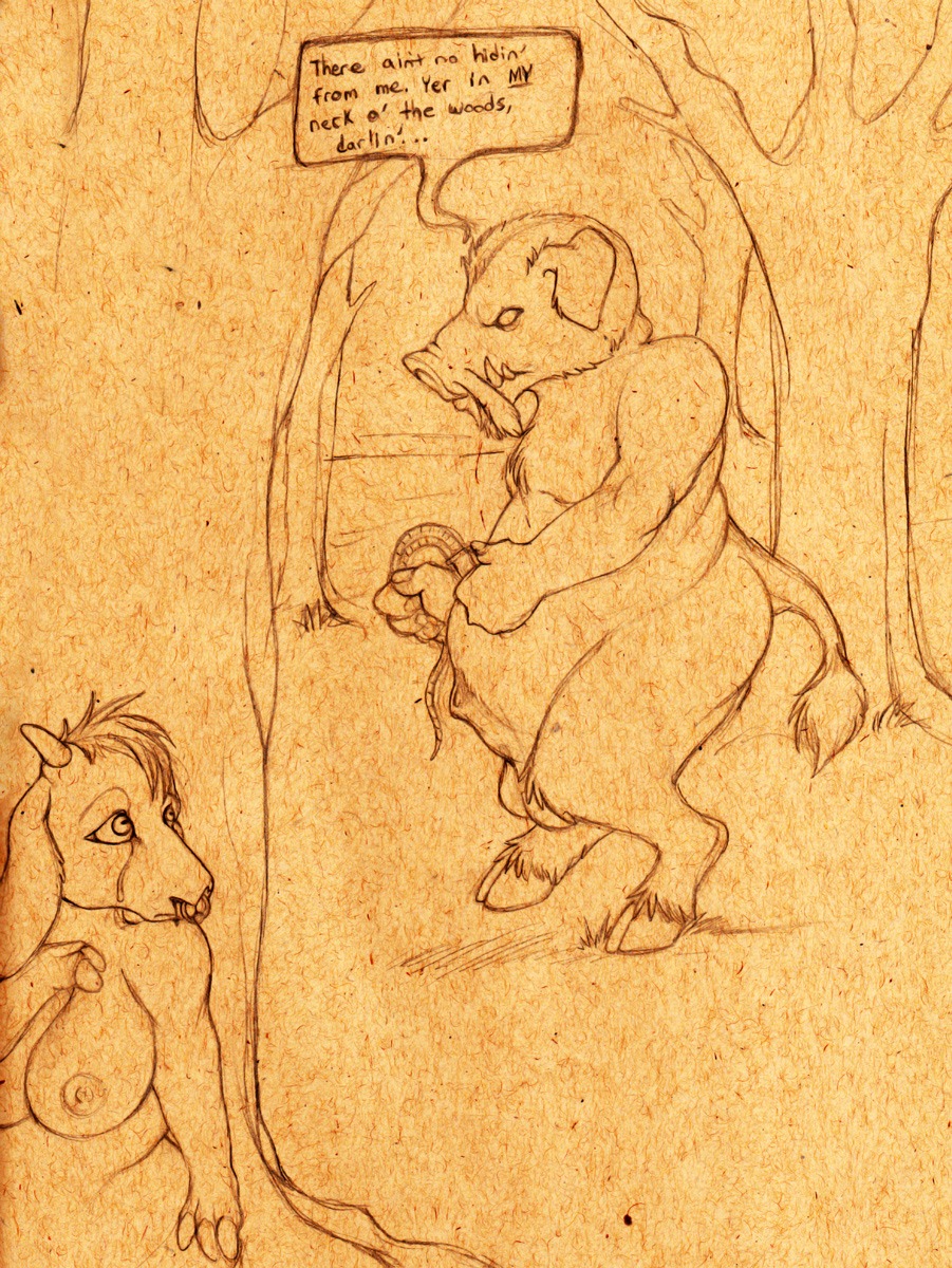 animal_genitalia anthro balls boar breasts caprine digitigrade english_text female forest goat hiding hooves horn male overweight piercing porcine rule34 sheath slug_(artist) text tree tusks whip wild_boar wood