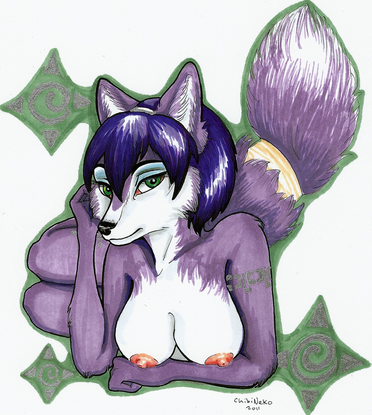 anthro black_nose breasts closed_mouth color female female_only fox front_view fur furry furry_breasts furry_ears furry_tail green_eyes hair krystal looking_at_viewer nipples nude open_eyes pointy_ears purple_fur purple_hair rule34 segdavinci short_hair solo star_fox tail white_fur