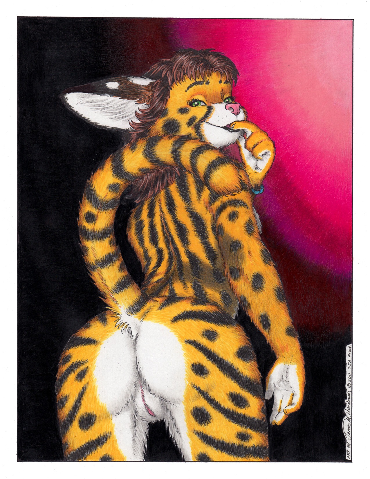2011 4_fingers anthro biped bite brown_hair butt cats_n'_cameras e621 felid feline female finger_bite finger_fetish finger_in_mouth finger_play fingers fur genitals green_eyes hair hi_res james_m_hardiman looking_at_viewer looking_back mammal manila_doyle markings mature_anthro mature_female nude pink_nose raised_tail rear_view serval solo spots standing stripes tail traditional_media_(artwork) vulva