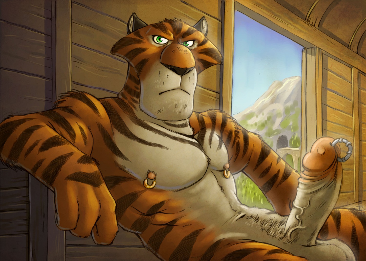 anthro balls dreamworks e621 erection felid furryrevolution genital_piercing genitals green_eyes hi_res humanoid_genitalia humanoid_penis looking_at_viewer madagascar_(series) male mammal nipple_piercing nipples pantherine penis penis_piercing piercing prince_albert_piercing reclining russian solo stripes tiger vitaly_(madagascar)