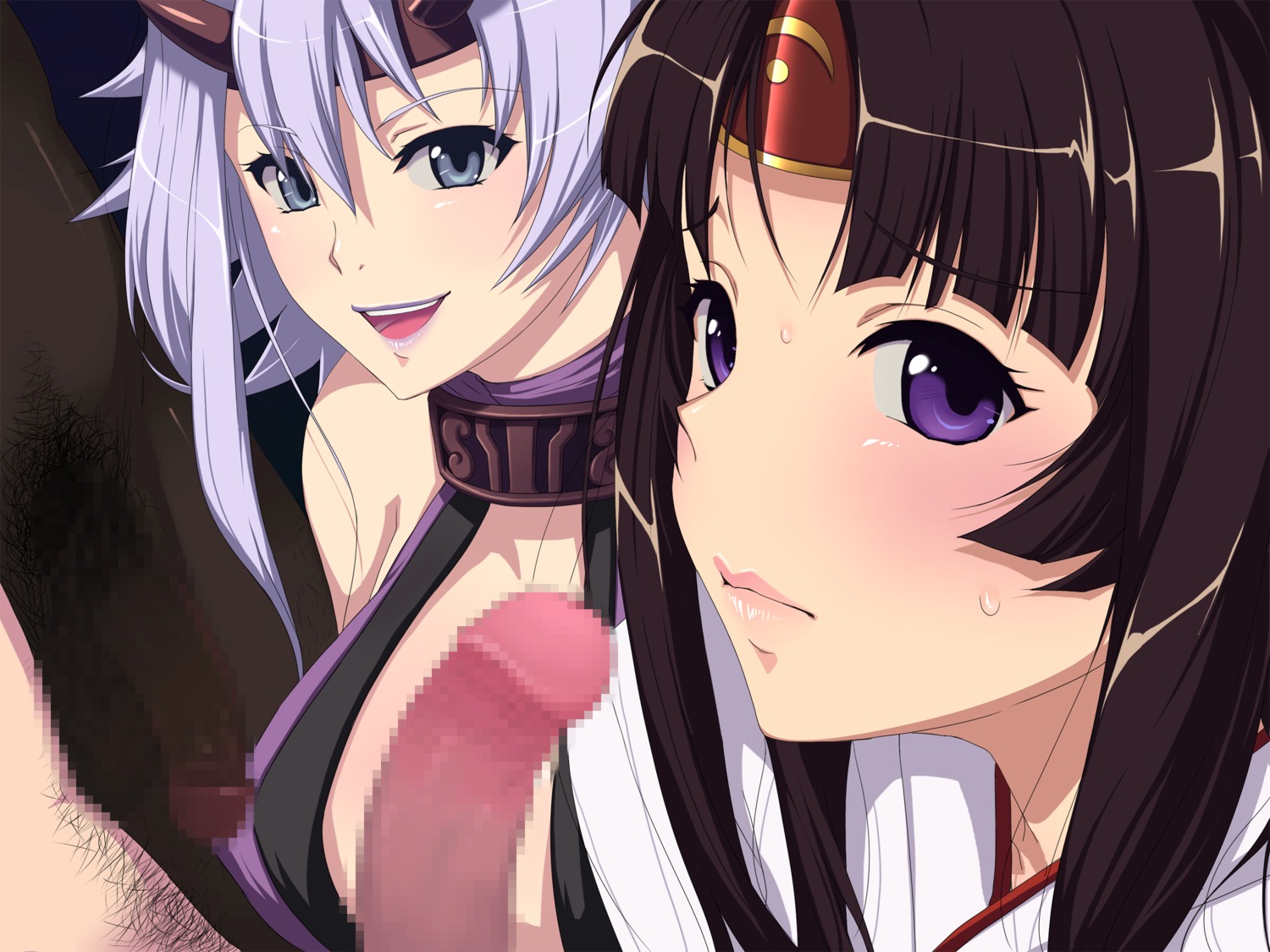 2boys 2girls before_oral blush brown_hair censored dark-skinned_male dark_skin embarrassed female ffmm_foursome flaccid foursome interracial light-skinned_female light-skinned_male light_skin male penis purple_eyes queen's_blade rule34 shizuka tomoe