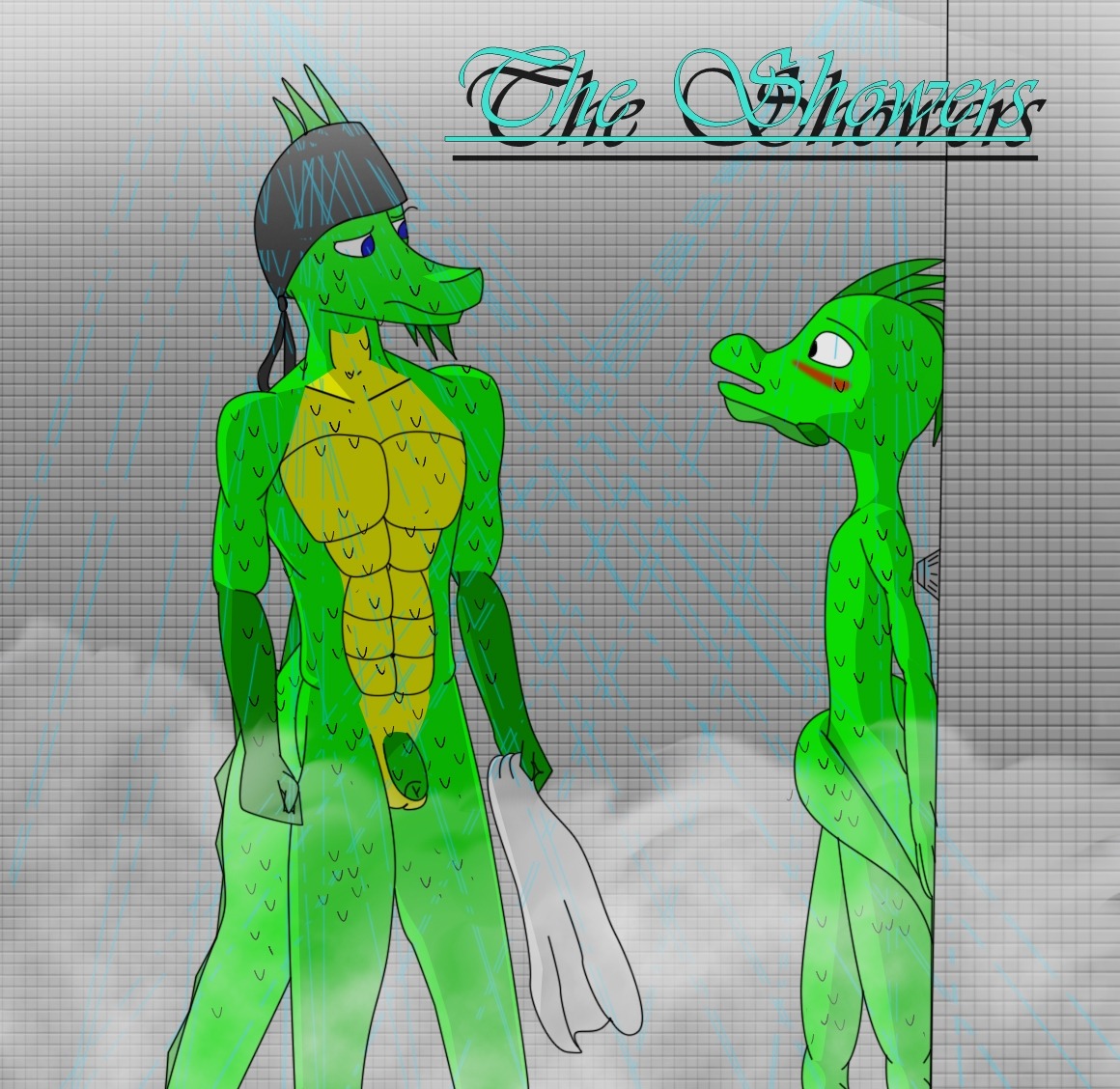 abs anthro biceps blush bodily_fluids duo e621 embarrassed flaccid genitals iguana iguanid lizard male male/male muscular nude pecs penis pose reptile scales scalie shocked shower shy skinny standing steam sweat tail towel unknown_artist water wet young young_anthro