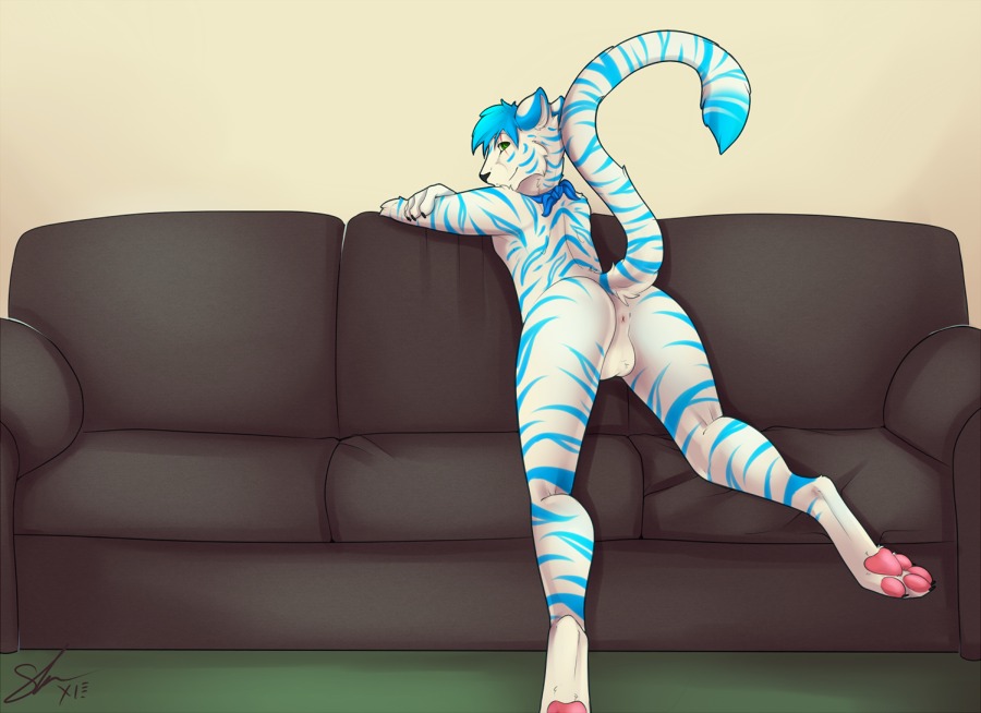 anthro anus backsack balls butt e621 felid fur furniture genitals leucistic looking_at_viewer looking_back male mammal nude pantherine pawpads paws raised_tail shariea sofa solo storm-tiger tail tiger white_body white_fur