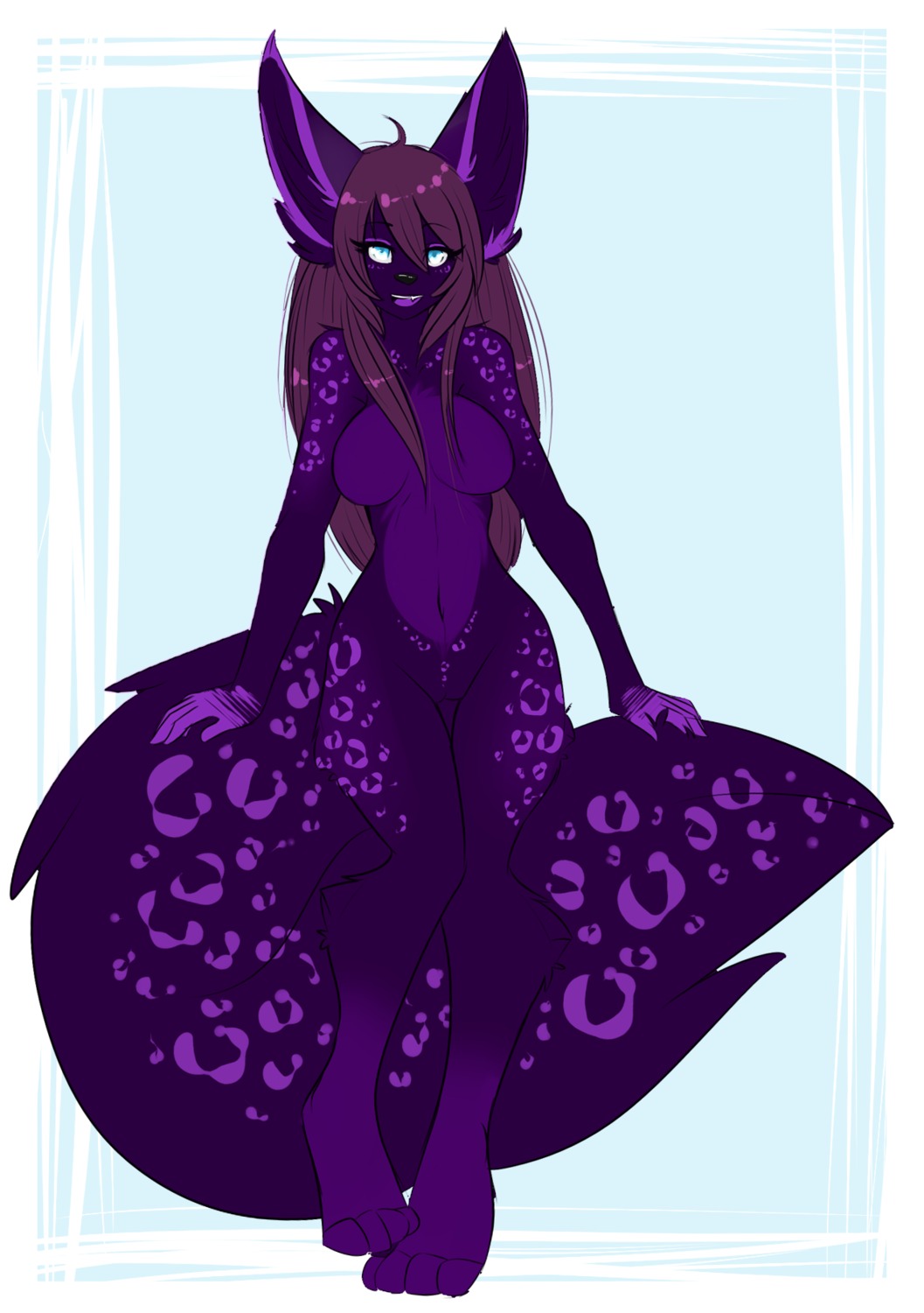 aimi anthro belly big_ears biped black_nose blue_background blue_eyes breasts digital_media_(artwork) e621 felid female fluffy fluffy_tail fur genitals hair hi_res hybrid leopard long_hair mammal markings navel nude open_mouth pantherine pointy_ears prick_ears purple_belly purple_body purple_fur purple_hair purple_markings simple_background solo spots standing tail teal_eyes vulva