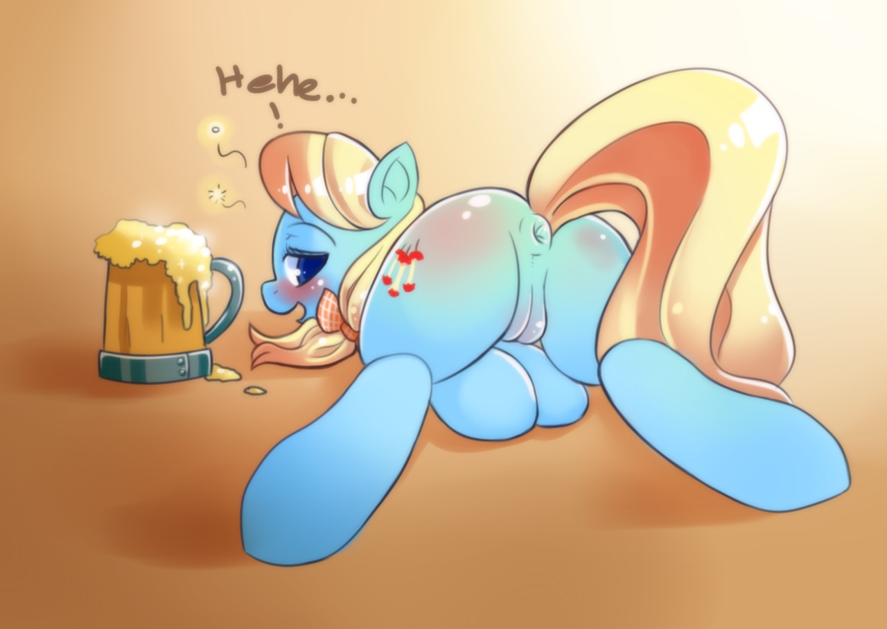 2013 alcohol anus apple_cider_(mlp) beverage blonde_hair blush body_blush butt butt_blush drunk e621 english_text equid equine female feral food genitals hair hasbro horse looking_back lying mammal my_little_pony nude on_front open_mouth pony presenting presenting_hindquarters presenting_vulva princess_hinghoi rear_view simple_background solo substance_intoxication tail text vulva vulva_blush