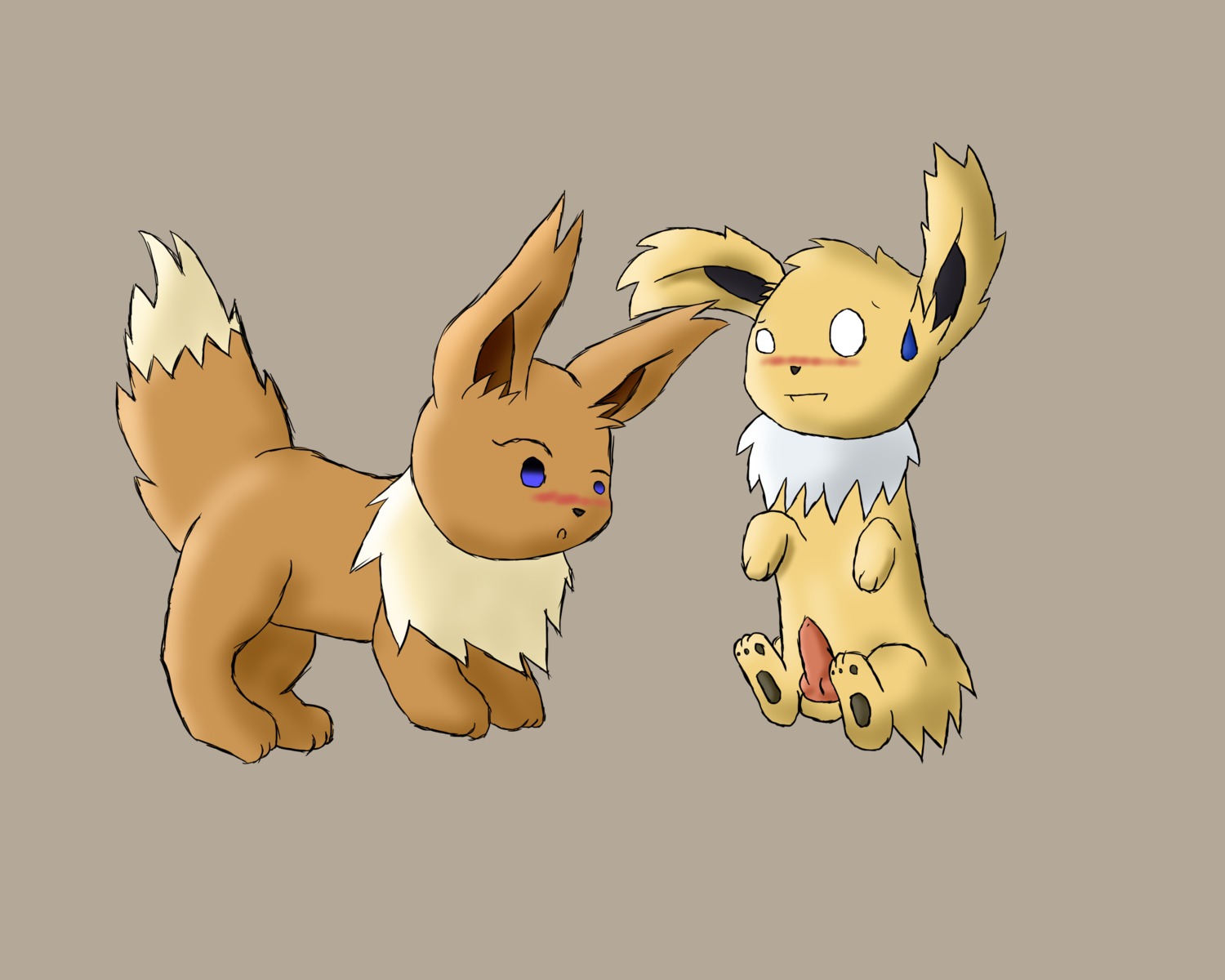 5:4 balls blush canid canine duo e621 eevee eeveelution erection feet female feral generation_1_pokemon genitals hi_res hindpaw jolteon knot male mammal nintendo nude open_mouth paws penis pokemon pokemon_(species) quadruped simple_background skyffan tail toes