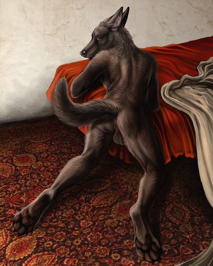 2011 anthro anus backsack balls bed bent_over brown_body brown_fur butt canid canine canis domestic_dog e621 feet fur furniture genitals hindpaw inviting looking_at_viewer looking_back male mammal nude pawpads paws presenting presenting_anus presenting_hindquarters raised_tail rear_view rukis slim solo tail wolf