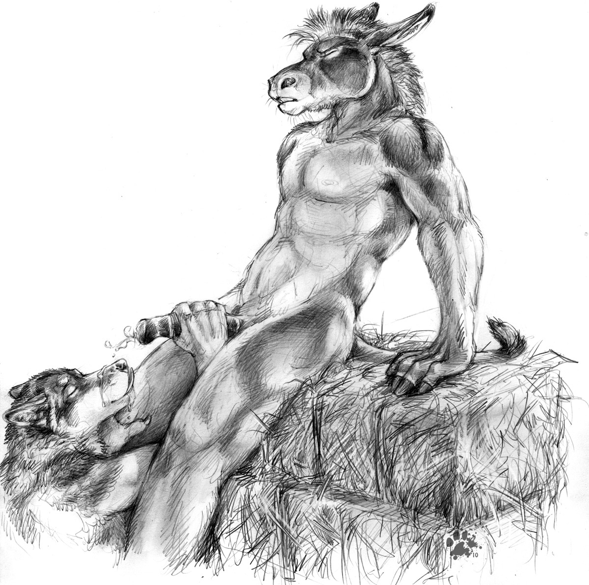 2010 animal_genitalia animal_penis anthro anthro_on_anthro asinus blotch bodily_fluids canid canine canis claws cum cum_on_face cumshot donkey duo e621 ejaculation equid equine equine_genitalia equine_penis erection eyes_closed fingers genital_fluids genitals handjob hay hay_bale hooved_fingers hooves horse male male/male mammal mane monochrome nude orgasm orgasm_face penile penis scratches_volume_4 sex simple_background sitting tongue tongue_out traditional_media_(artwork) white_background wolf