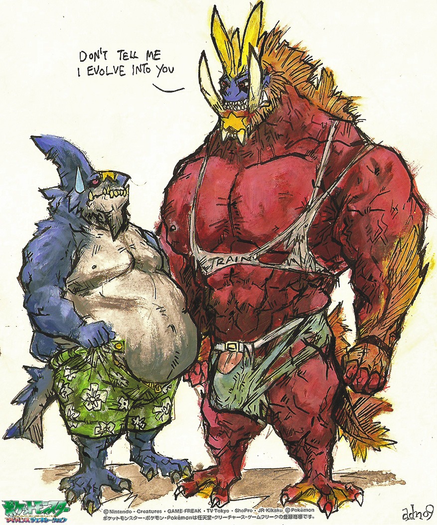 anthro aokamidu aquatic carvanha claws clothing dialogue dorsal_fin duo e621 english_text fangs fin fish flaccid generation_3_pokemon genitals larger_male male muscular nintendo penis pokemon pokemon_(species) pokemorph red_eyes scalie sharpedo size_difference slightly_chubby smaller_male standing tail teeth text