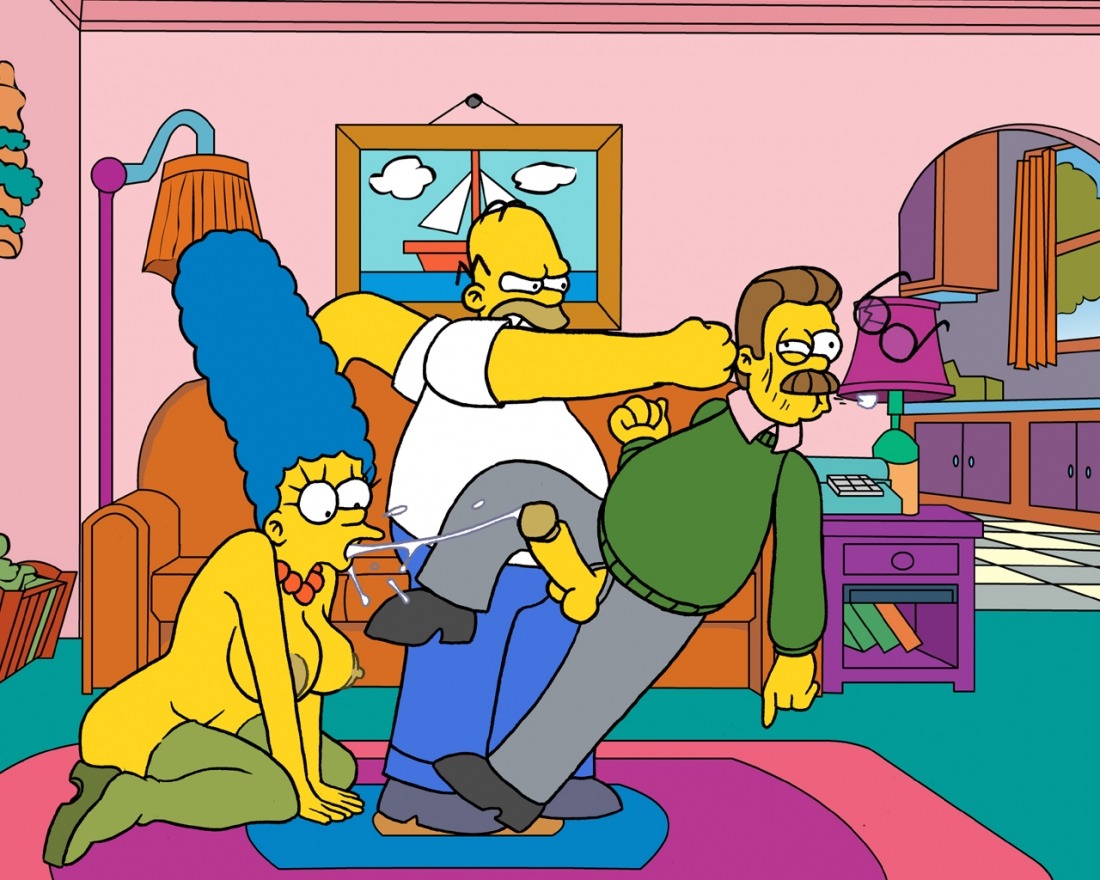 20th_century_studios accurate_art_style balls blue_hair breasts clothes color cum female hair homer_simpson human male marge_simpson multiple_males ned_flanders nipples penis punch rule34 side_view sitting standing straight tagme testicles the_simpsons violence yellow_body yellow_skin