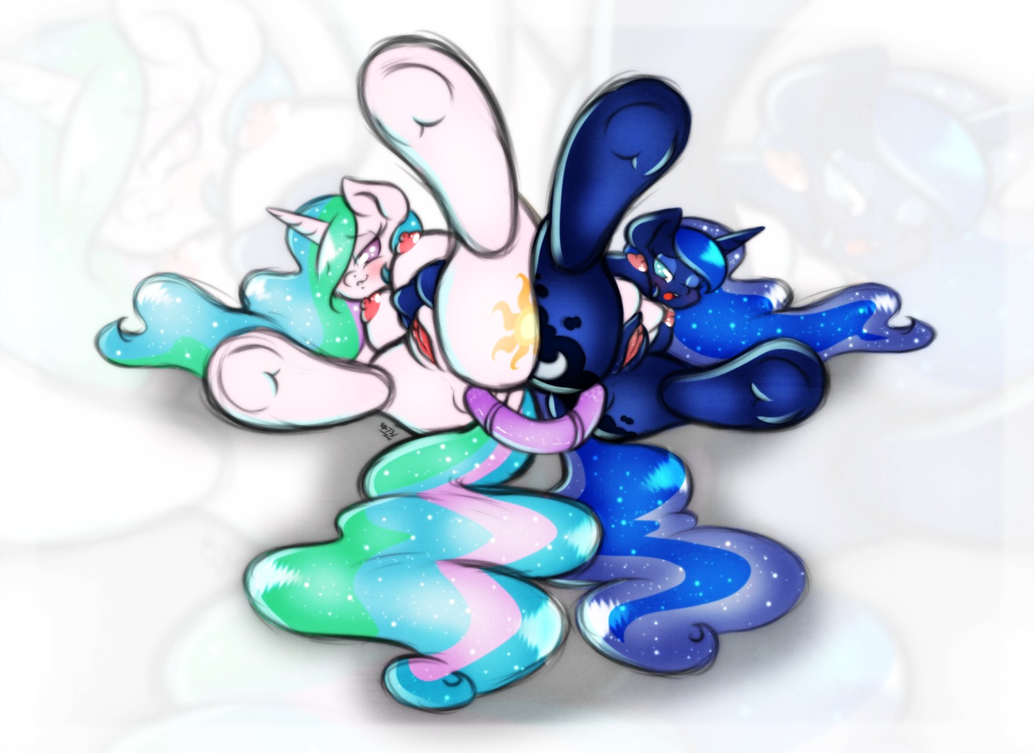 2014 anal anal_penetration anthro anthrofied blue_body blue_fur blue_hair blush breasts butt cutie_mark digital_media_(artwork) dildo double_dildo duo e621 equid female female/female friendship_is_magic fur genitals hair hasbro hi_res hooves horn incest_(lore) koffeekuma looking_at_viewer lying mammal multicolored_hair my_little_pony nipples on_side one_eye_closed one_leg_up open_mouth penetration princess_celestia_(mlp) princess_luna_(mlp) purple_eyes raised_leg sex_toy sibling_(lore) sister_(lore) sisters_(lore) vulva white_body white_fur