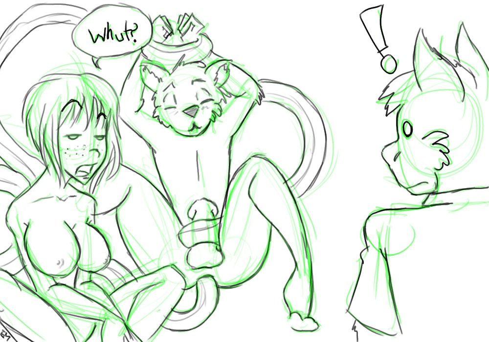 anal anthro astrid_(em) being_watched breasts consentacles dr_emery e621 erection exclamation_point felid female genitals green_and_white group guide_lines human looking_at_another male male/female mammal monochrome monster nude penis simple_background sketch tentacles white_background