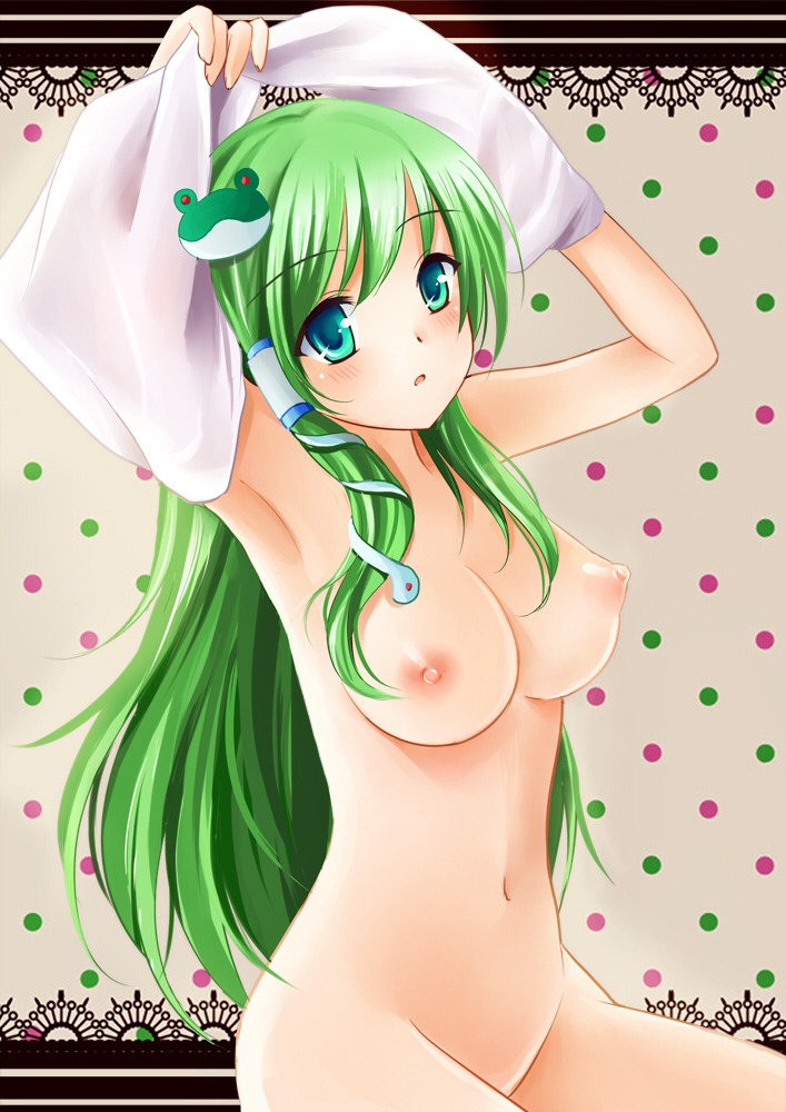 aqua_eyes armpits blush breasts female female_only frog green_hair hair_ornament human long_hair nikoo nipples nude rule34 sanae_kochiya snake solo touhou undressing