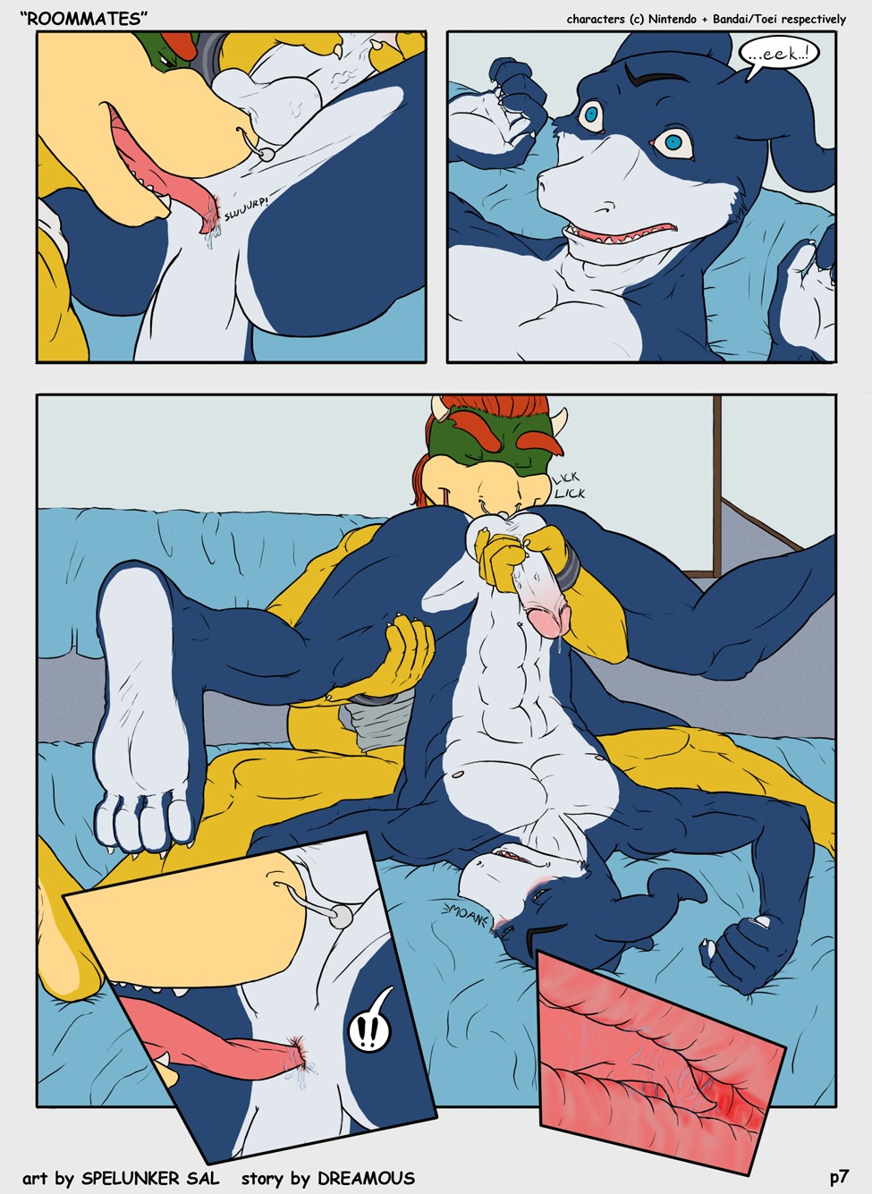 anal anthro anus balls bandai blush bowser_koopa_junior_(roommates) close-up comic couple digimon dreamous_(writer) duo feet flamedramon furry gay giancarlo_rosato hi_res horn internal koopa male male/male male_only mario_(series) muscles nintendo nude oral oral_sex orgasm paws penis raised_tail rimming roommates_(comic) rule34 scalie sex simple_background spelunker_sal straight_hair tail toned tongue tongue_out yaoi