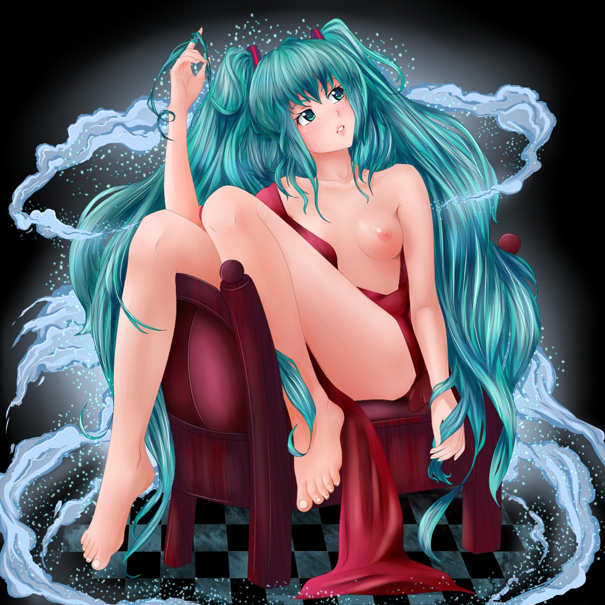 1:1 1girl 1girls 2010 aqua_eyes aqua_hair barefoot breasts chair checkered_floor feet female female_only green_eyes hatsune_miku hikari-meow legs lips long_hair medium_breasts nipples nude nude_female personalami rule34 sitting small_breasts smoke solo twintails very_long_hair vocaloid