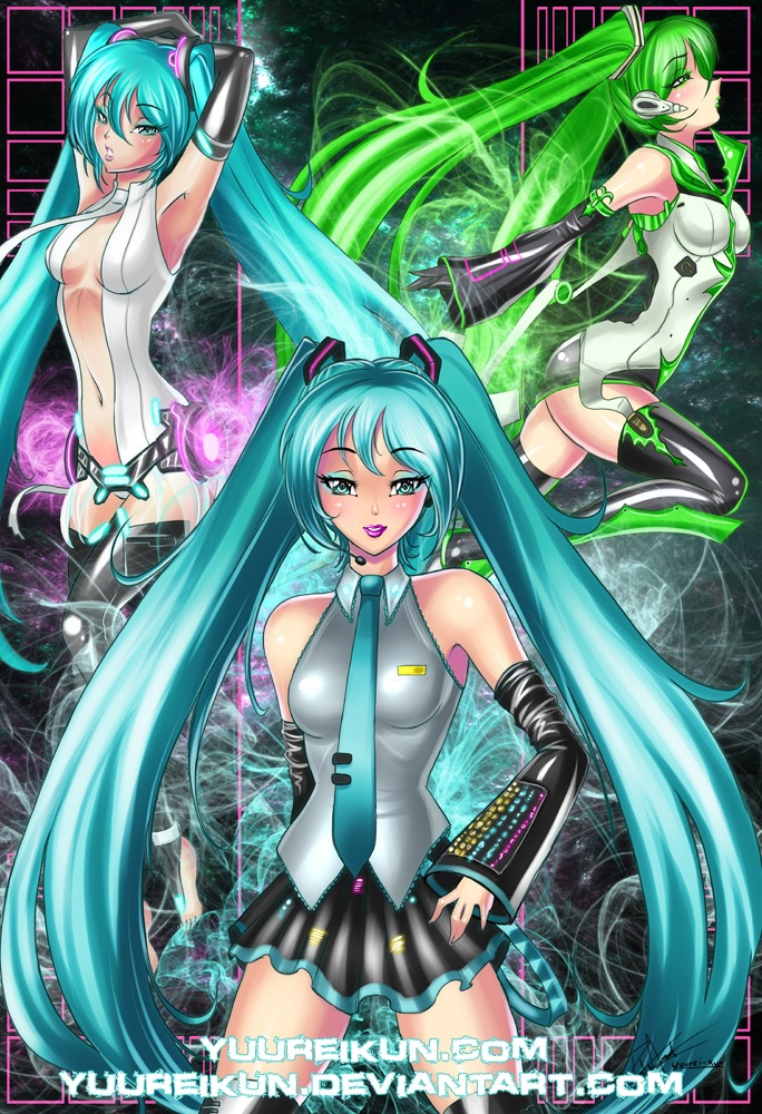 1girl 3girls aqua_eyes aqua_hair armpits arms_up boots breasts bridal_gauntlets center_opening character_name cleavage detached_sleeves elbow_gloves female gloves green_hair hairclip hatsune_miku hatsune_miku_(append) headphones headset long_hair microphone multiple_females multiple_girls multiple_persona navel necktie rule34 skirt smile text thighhighs tied_hair twintails very_long_hair vocaloid vocaloid_append watermark zettai_ryouiki