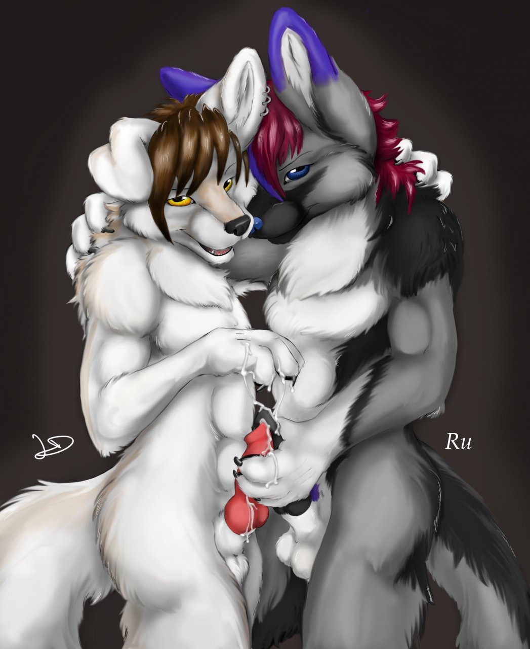 after_sex animal_genitalia animal_penis anthro balls bodily_fluids canid canine canine_genitalia canine_penis canis cum duo e621 ear_piercing erection frottage genital_fluids genitals hi_res knot labbedog looking_at_viewer male male/male mammal masturbation penile penile_masturbation penis penises_touching piercing ru_(ruaidri) sex sheath tail wolf