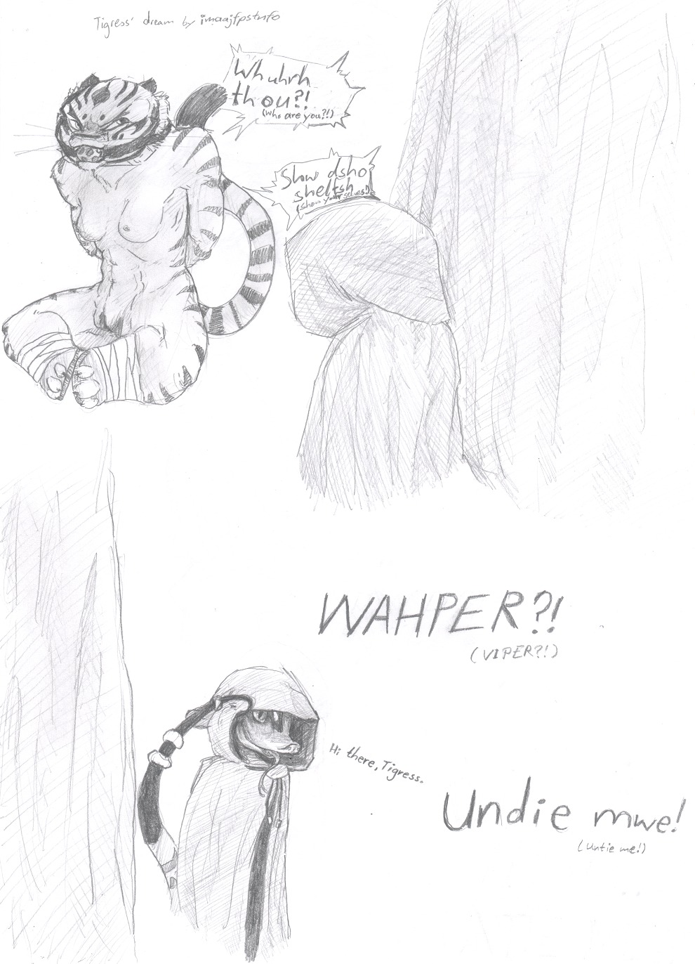 anthro comic dreamworks feline female kung_fu_panda master_tigress master_viper monochrome reptile rule34 scalie sketch snake tiger