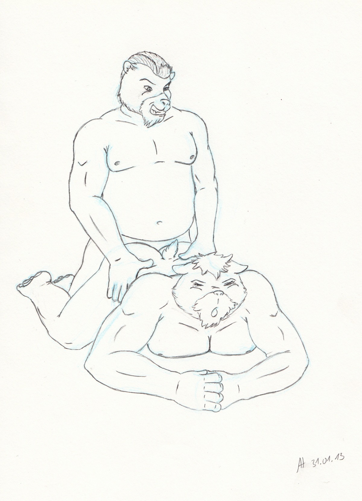 absurd_res all_fours anal anal_penetration anthro barazoku bear big_muscles butt doggystyle duo e621 eyes_closed from_behind_position grin hair hi_res hip_grab looking_down male male/male male_penetrated male_penetrating male_penetrating_male mammal mohawk muscular muscular_male nipples nude on_ground open_mouth overweight penetration sex short_hair simple_background sketch slightly_chubby smile traditional_media_(artwork) unknown_artist white_background