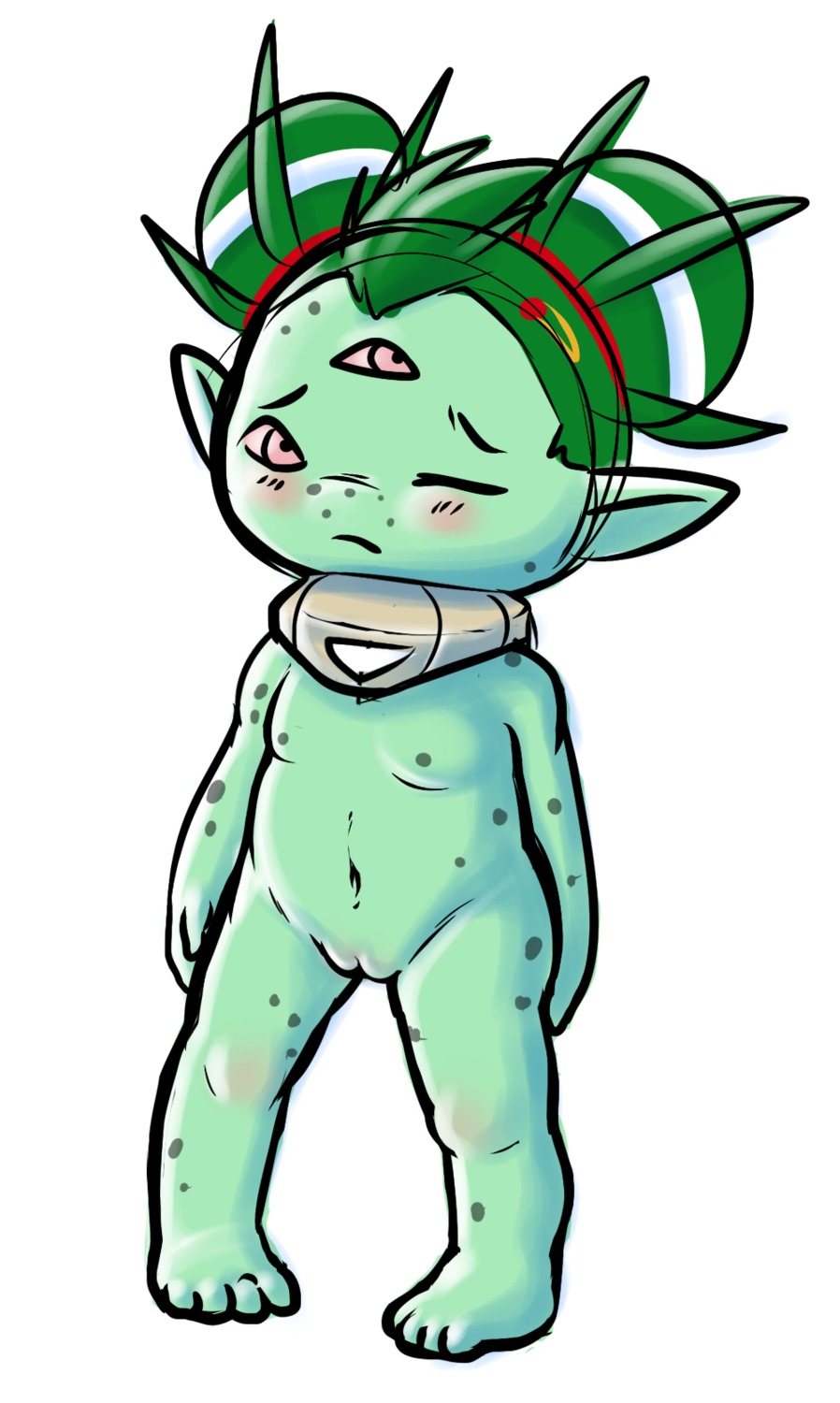 alien awesomenauts ayla_(awesomenauts) blush colored e621 female freckles genitals hi_res humanoid multi_eye navel not_furry solo tbleech vulva young young_female young_humanoid