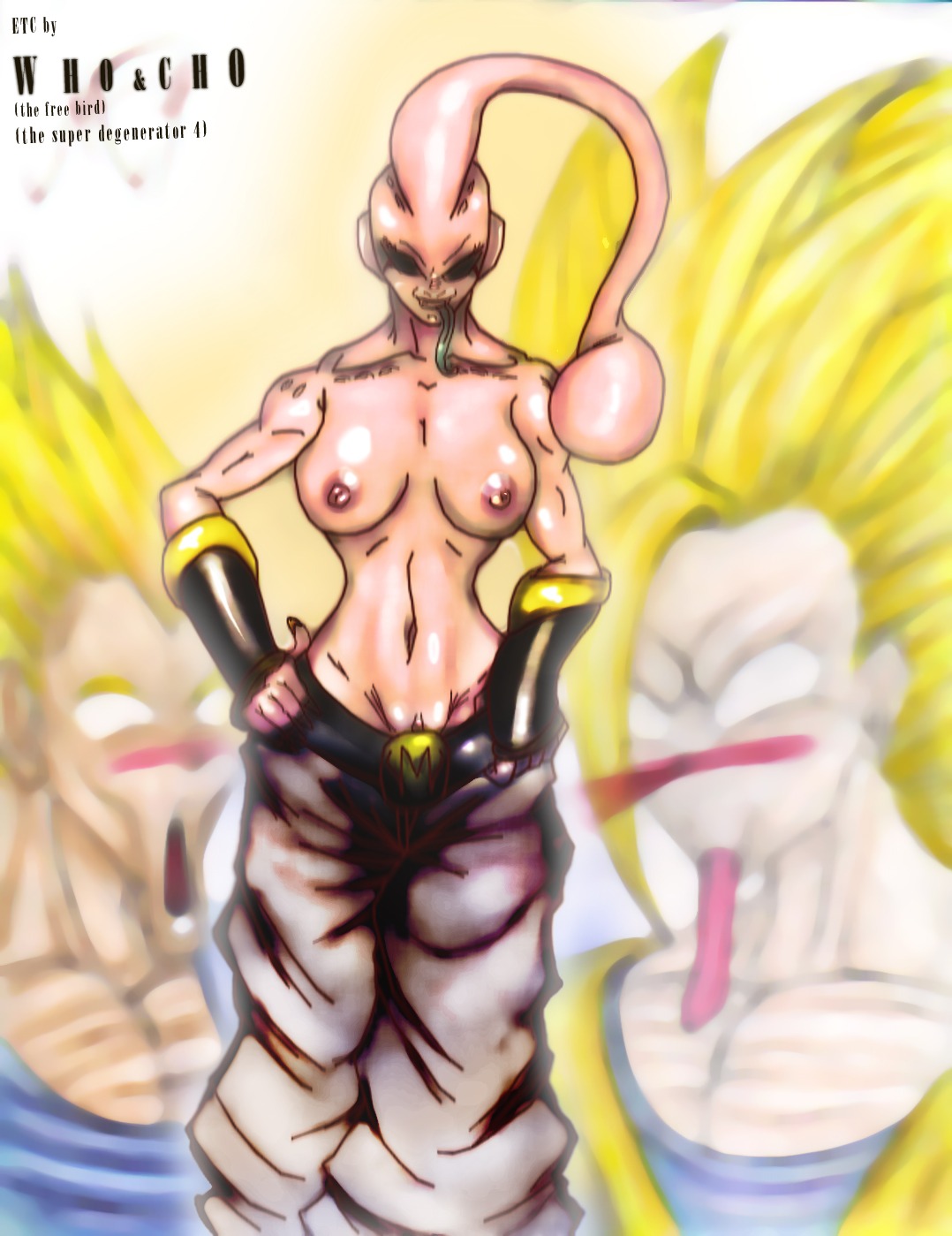 1girls beige_skin black_sclera breasts clothes color dragon_ball dragon_ball_z female female_focus female_majin_buu front_view genderswap hair humanoid interspecies large_breasts majin majin_buu male multiple_males nipples pants pink_skin pussy red_eyes rule34 rule_63 smooth_skin solo_focus son_goku super_saiyan super_saiyan_2 super_saiyan_3 topless vegeta vulva who_and_cho yellow_hair